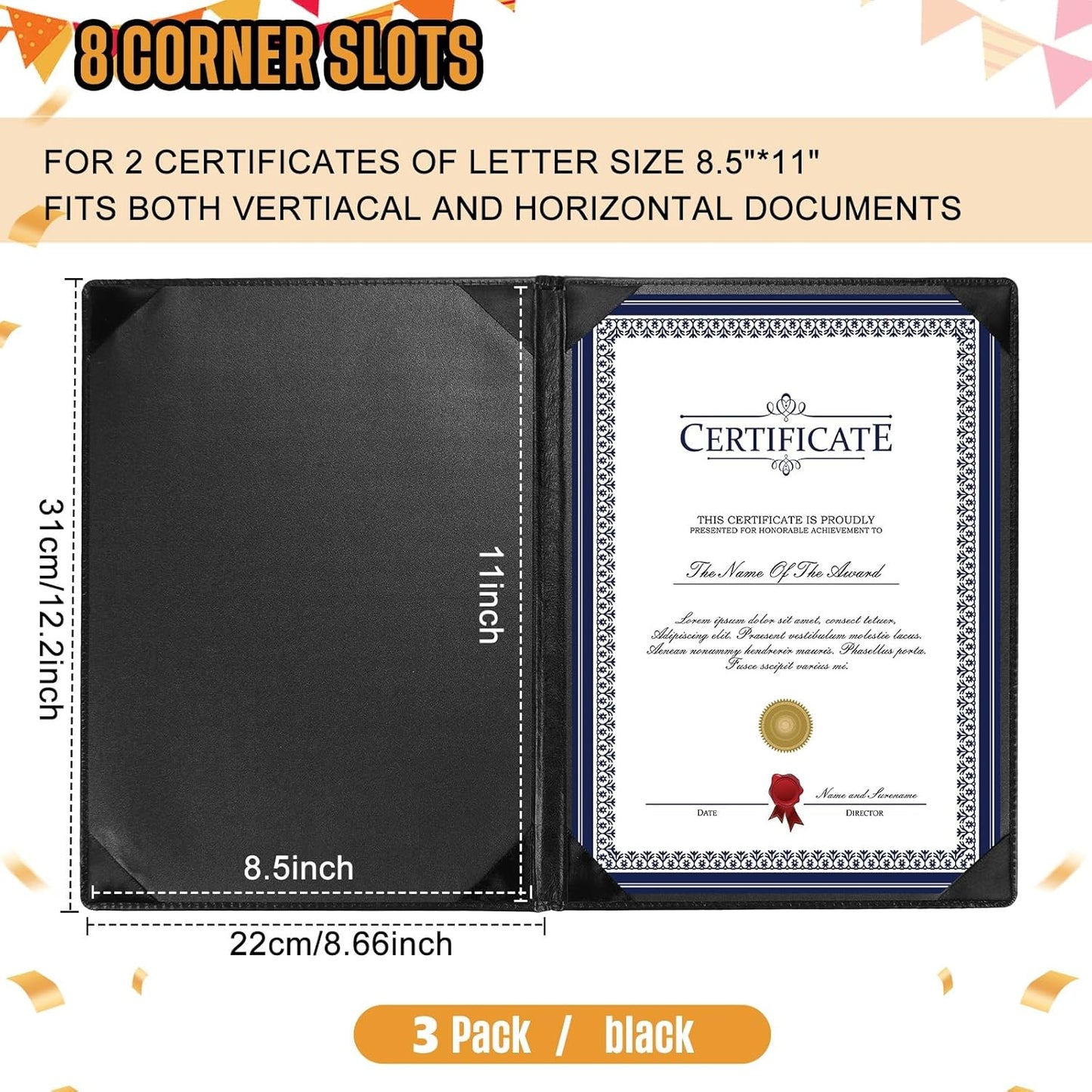 Tenare 3 Pcs Leather Certificate Holder 8.5 x 11 Inch PU Black Red Blue Purple Phd Bachelor Master Diploma Cover Professional Award Folder for Official Graduation Competition Contest Charity (Black)