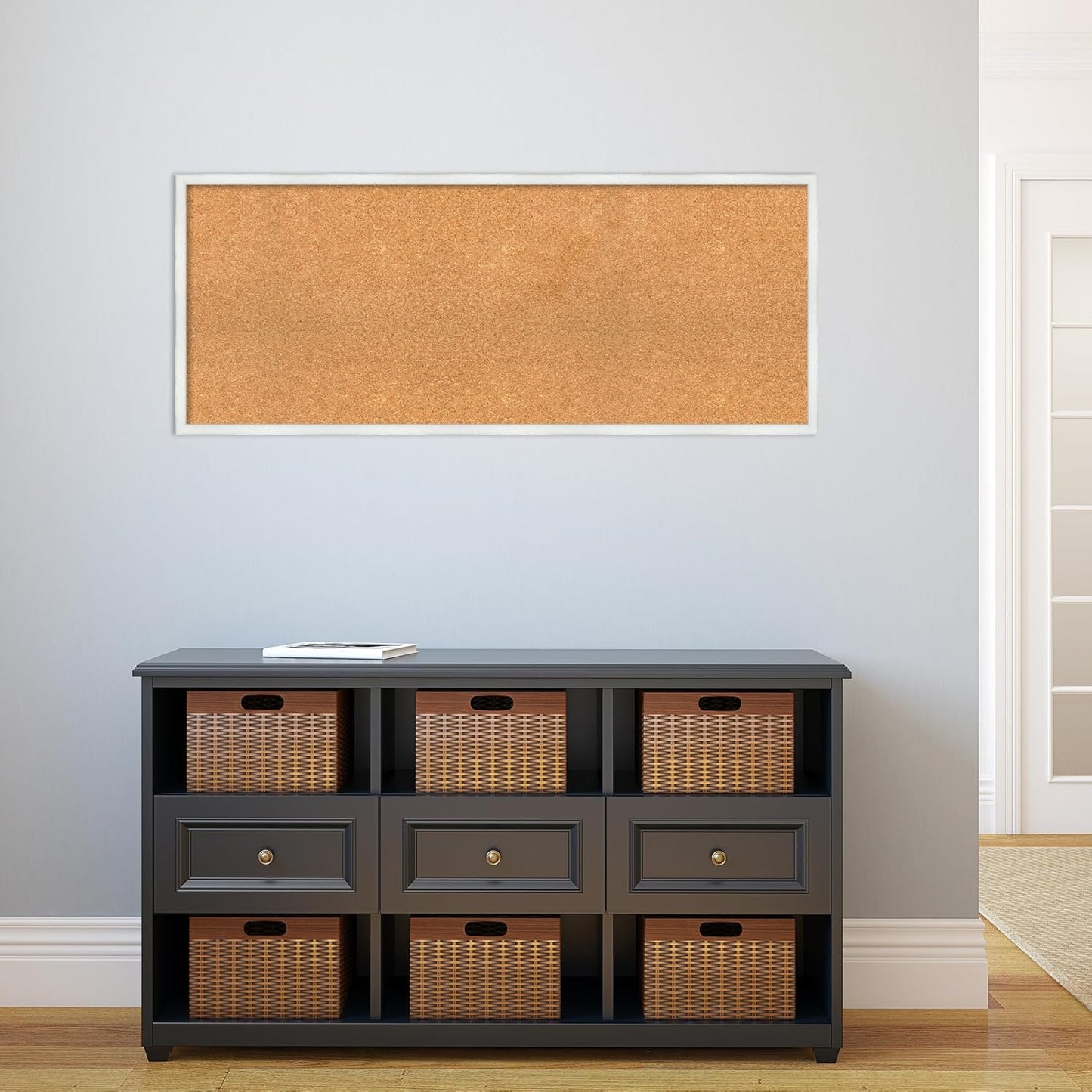 Amanti Art Natural Cork Board for Wall, 19x47 Vision Board with White Frame, Oversize Corkboard Office Decor for Home Organization, Country Rustic Corkboard Pinboard to Display Items for Home