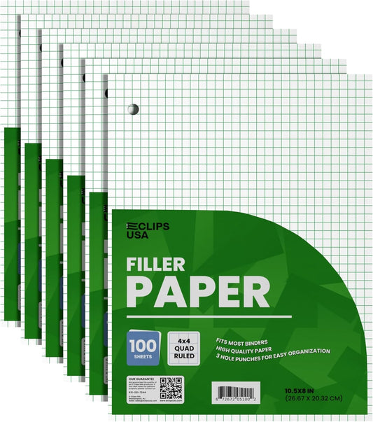 Loose Leaf Graph Paper (6 Pack), 4 x 4 An Inch Quad Ruled Graph Paper, 10.5” x 8” Graphing Paper, 100 Per Sheets Per Pack, 60 gsm (6 Pack)