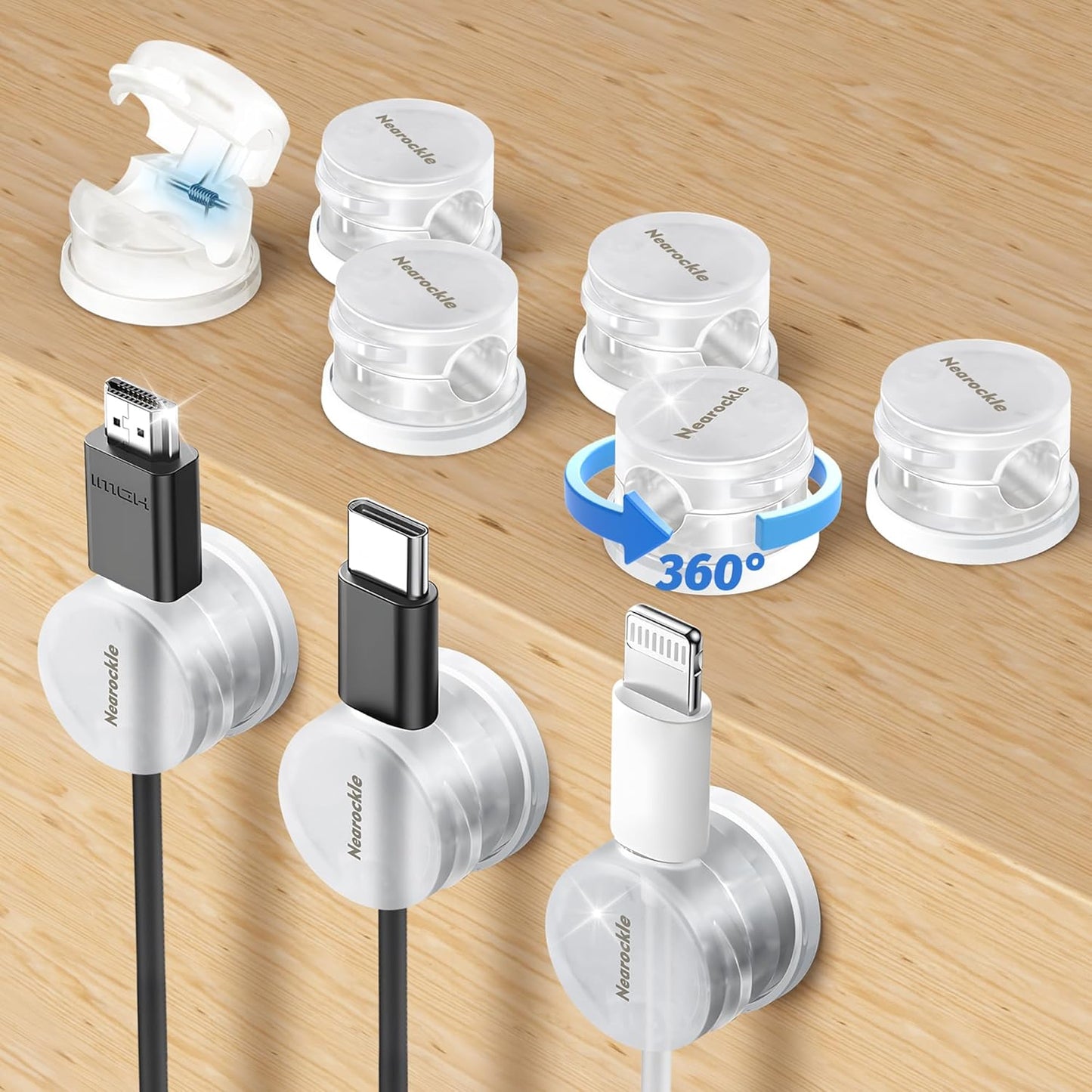 9 Pack Spring Cord Organizer Cable Clips [Locking Cable Rotatable], 2025 Latest Nearockle Phone Charging Cord Holder Cable Management for Car, Nightstand, Office Desk Accessories (Clear)