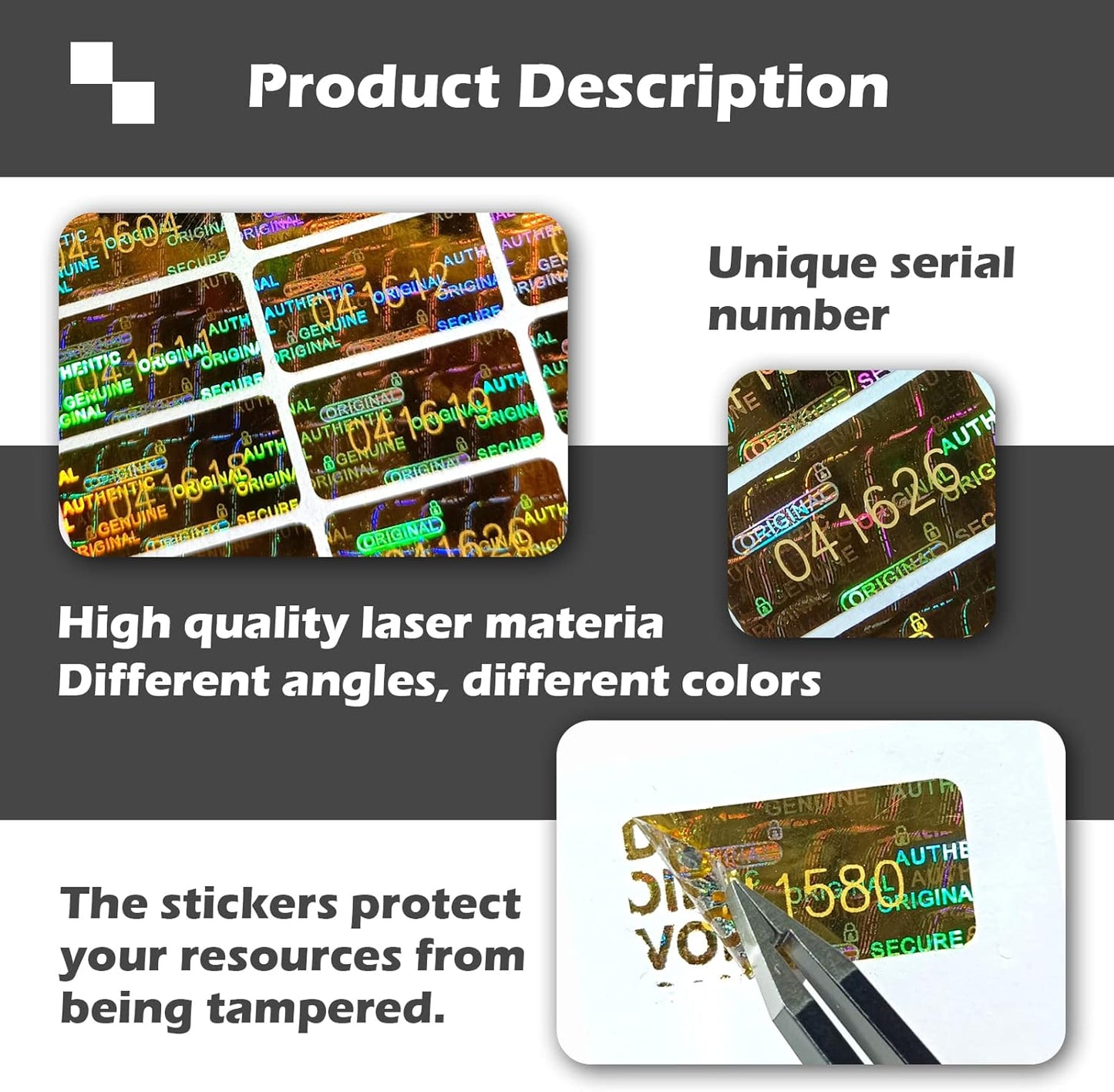 650pcs Tamper Proof Hologram Stickers Security Seal Labels Genuine Guarantee Warranty Void Labels with Unique Serial Number Gold(0.8x0.4inch)