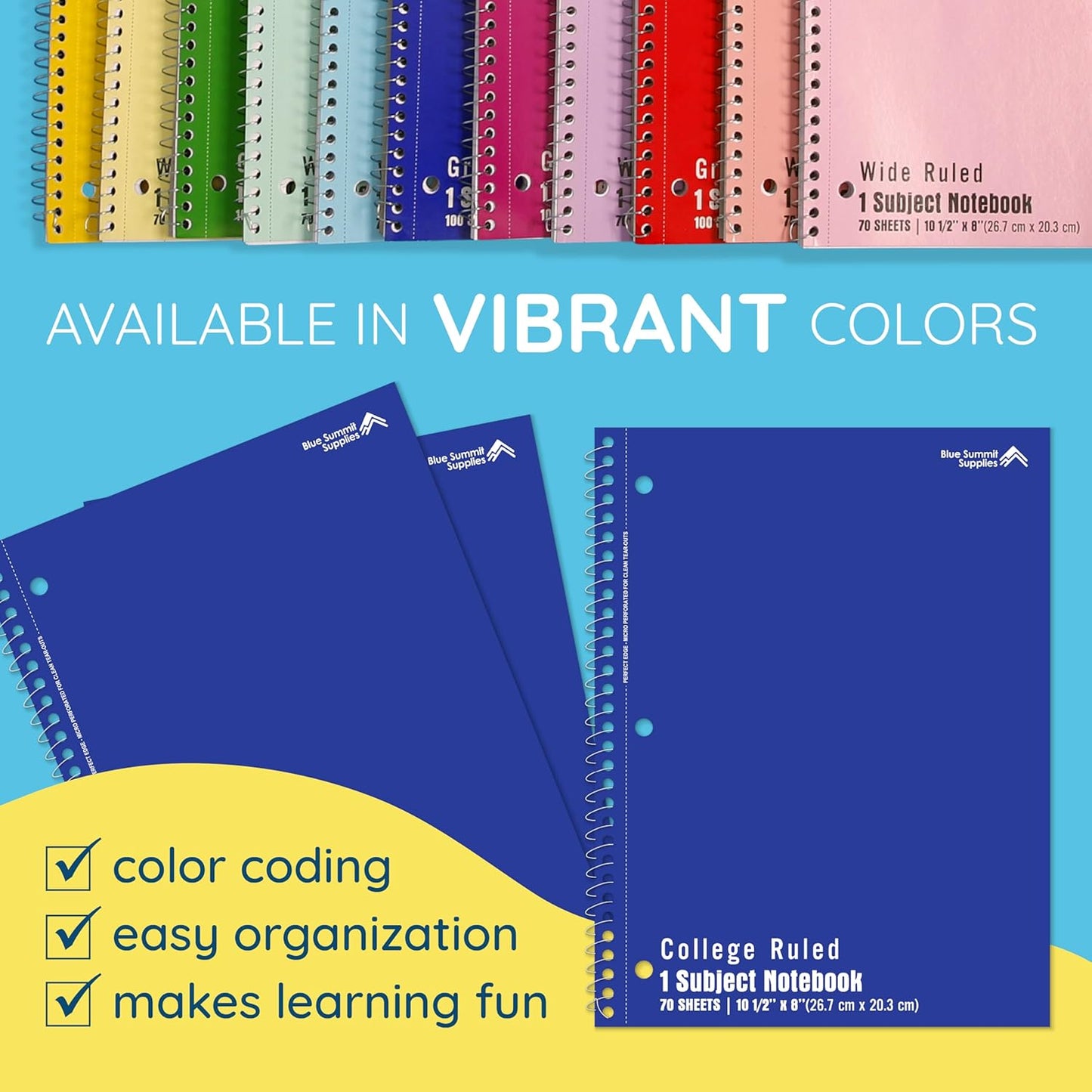 Blue Summit Blue Spiral Notebooks Bulk, One Subject Spiral Notebook College Ruled, Perforated Notebook, 8 x 10.5 for Work and School, Paper, College Ruled, Bulk 48 Pack