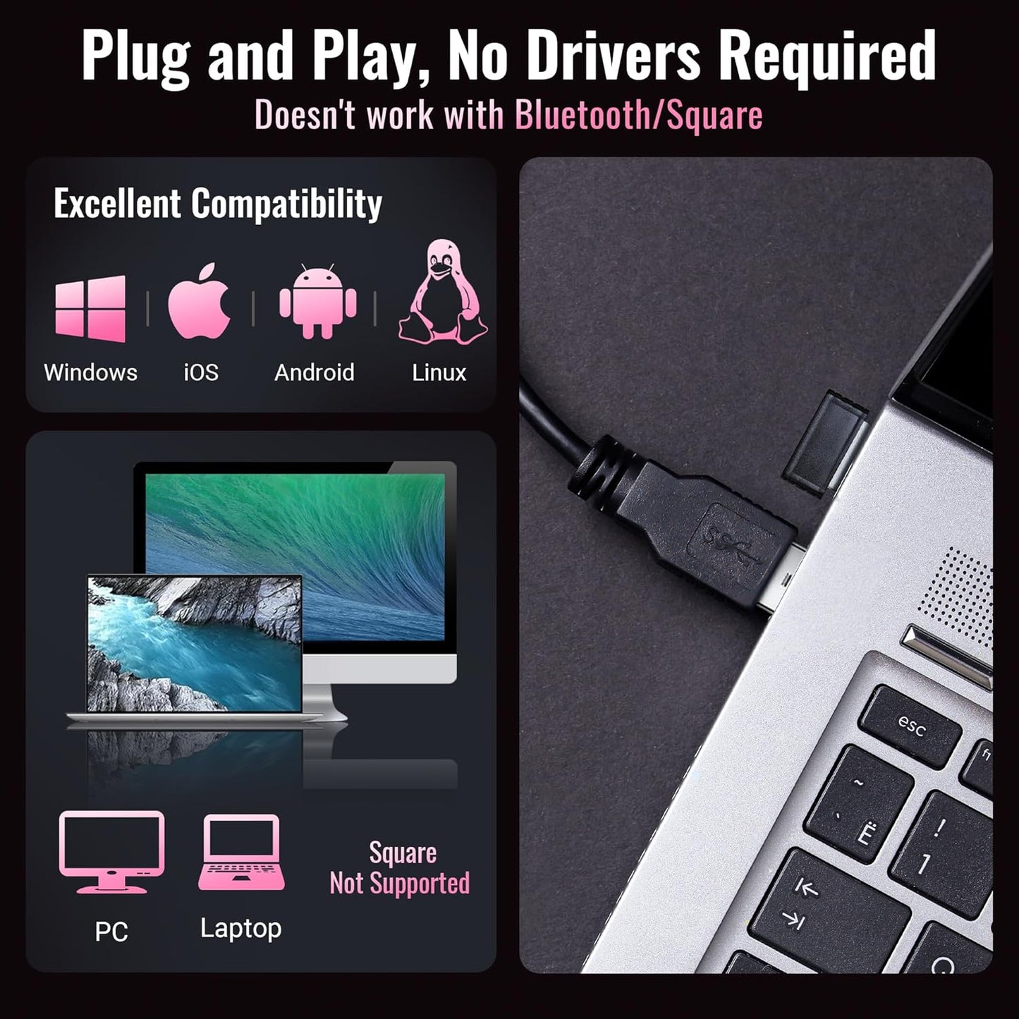 Tera Barcode Scanner Wireless Versatile 2-in-1 (2.4Ghz Wireless+USB 2.0 Wired) with Battery Level Indicator, 328 Feet Transmission Distance Rechargeable 1D Laser Bar Code Reader Handheld 5100 Pink