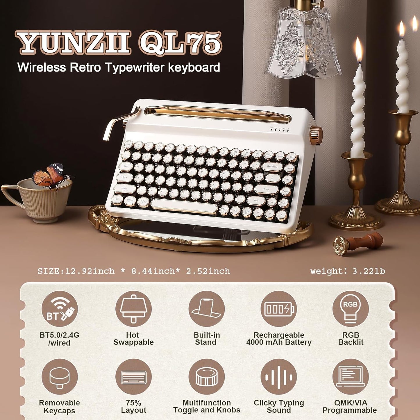 YUNZII QL75 Wireless Typewriter Hot Swap Retro Mechanical Keyboard,Punk Round Keycaps,RGB Backlit QMK/VIA Programmable, Multi-Device Keyboard with 2.4GHz/Type-C/BT5.0 (White, Cocoa Cream V2 Switch)