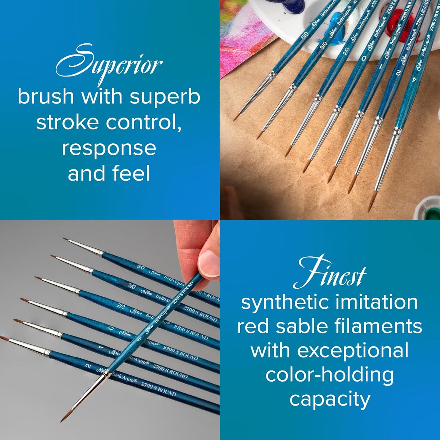 Silver Brush Limited BA-2706S BelleAqua Larger Size Round Watercolor Brush Set, 5pc Professional Short Handle Premium Soft Synthetic Red Sable Round Paint Brush Set, Sizes 6, 8, 10, 12, and 16