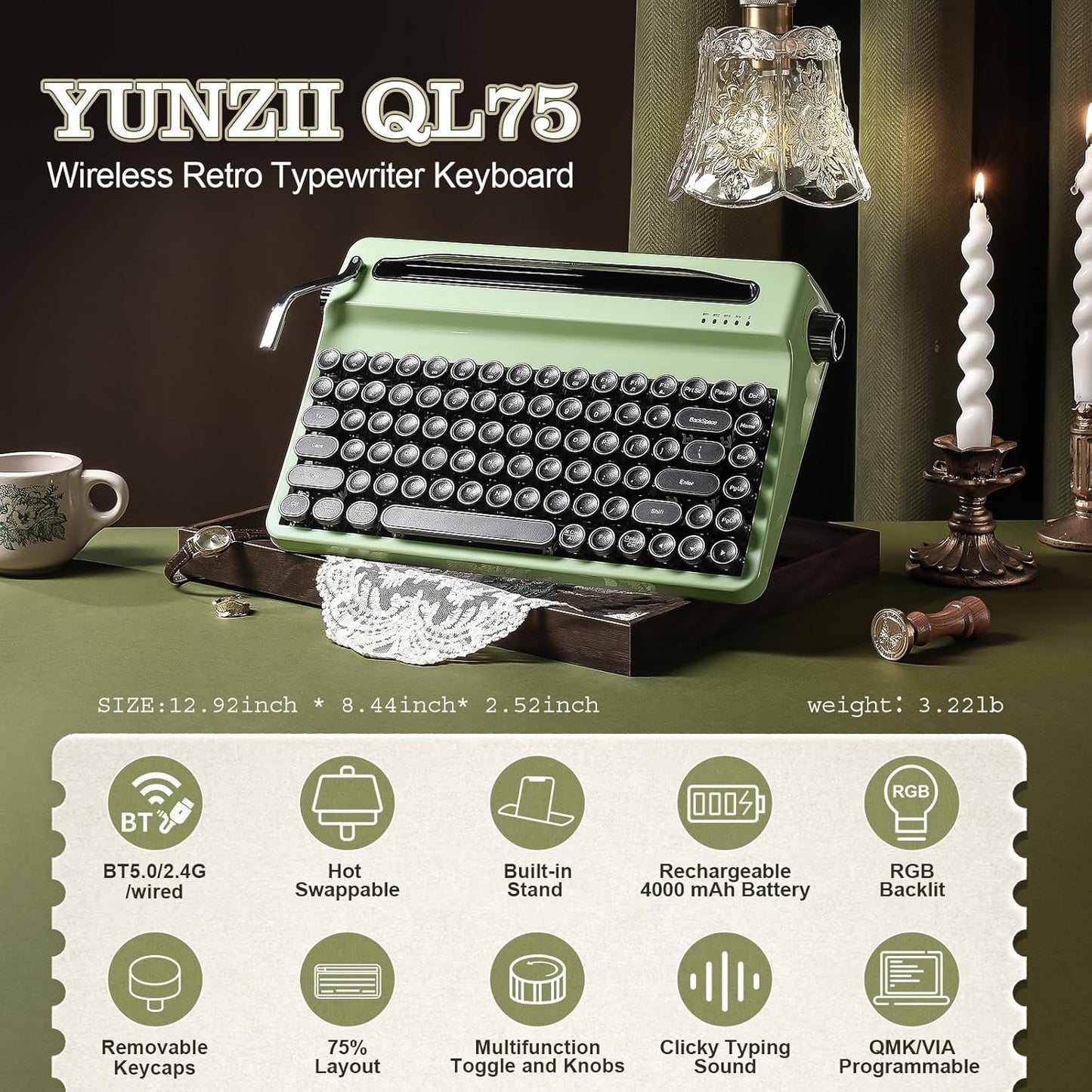YUNZII QL75 Wireless Typewriter Hot Swap Retro Mechanical Keyboard,Punk Round Keycaps,RGB Backlit QMK/VIA Programmable,Multi-Device Keyboard with 2.4GHz/Type-C/BT5.0 (Green, Onyx Switch)