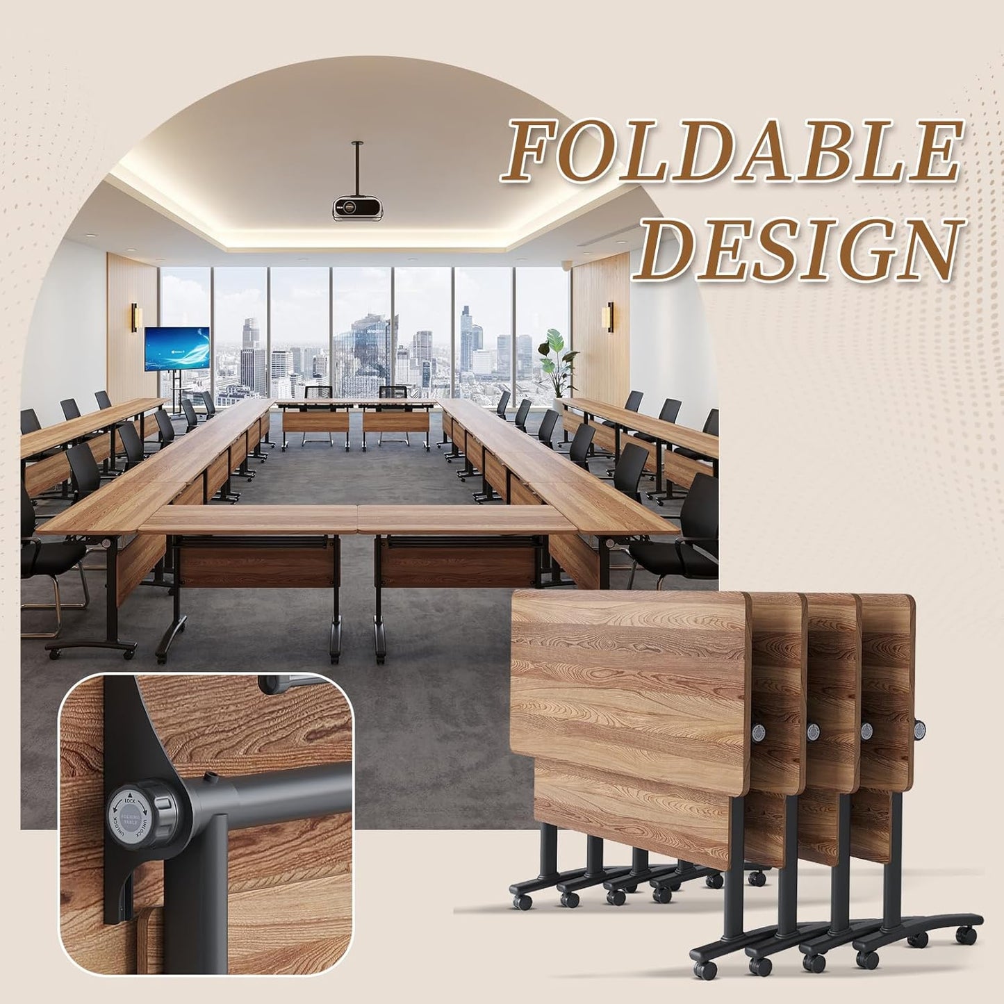 Folding Conference Room Table, Modern Conference Tables with Silent Wheels, Large Rectangular Mobile Training Tables for Office Classroom, Foldable Modular Boardroom Seminar Table (8pack L55.1in)