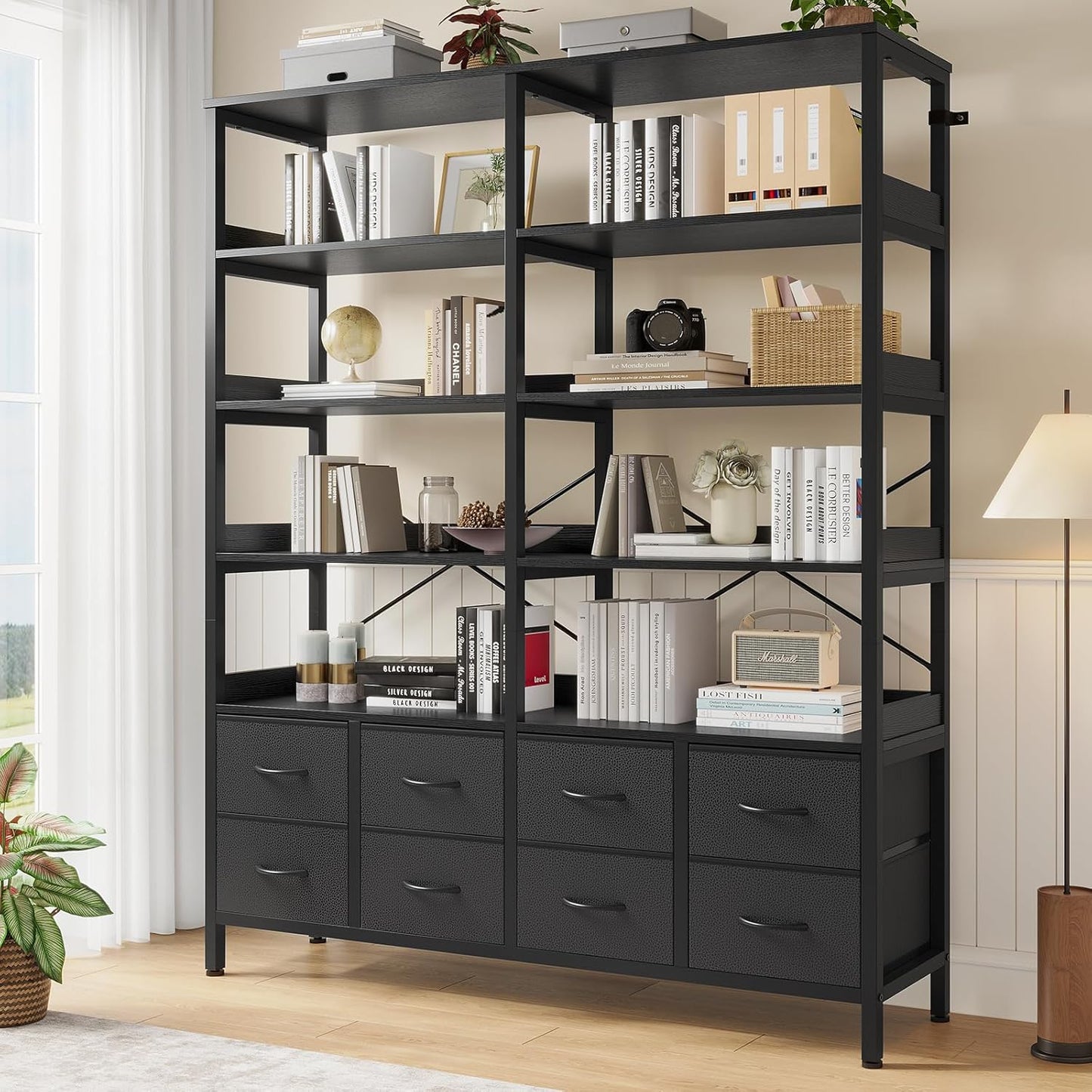 Bookshelf with 8 Fabric Drawers, 7-Tier Bookcase with Baffles Display Shelves, Industrial Large Book Shelf for Living Room Home Office, Black