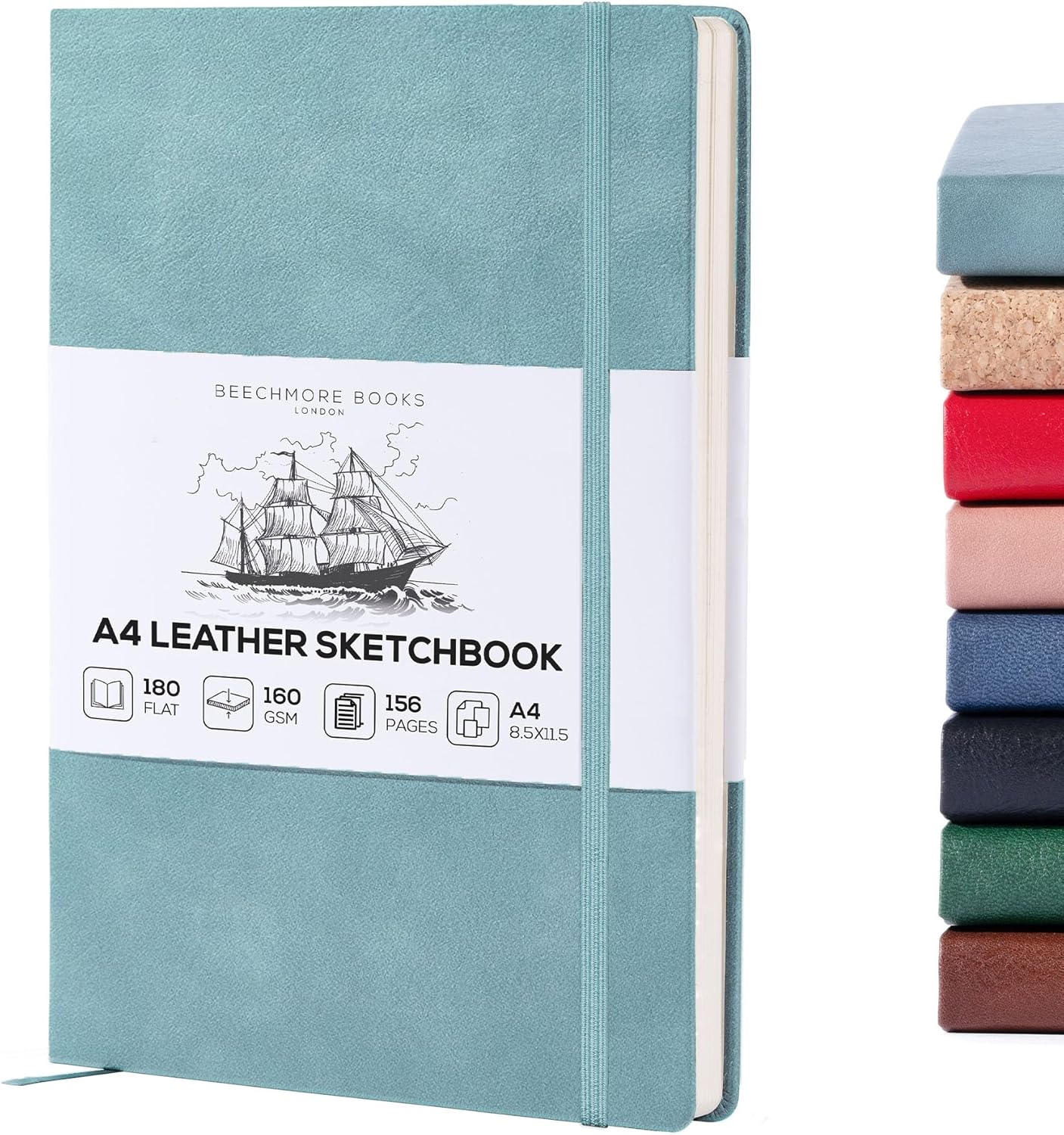BEECHMORE BOOKS A4 Sketchbook – 8.5x11 Premium Vegan Leather Bound Large Sketch Book Hardcover With 156 Thick 160gsm Perforated Ivory Pages, Blank Sketch Pad, Gift Boxed, Back Pocket, Ribbon Bookmark