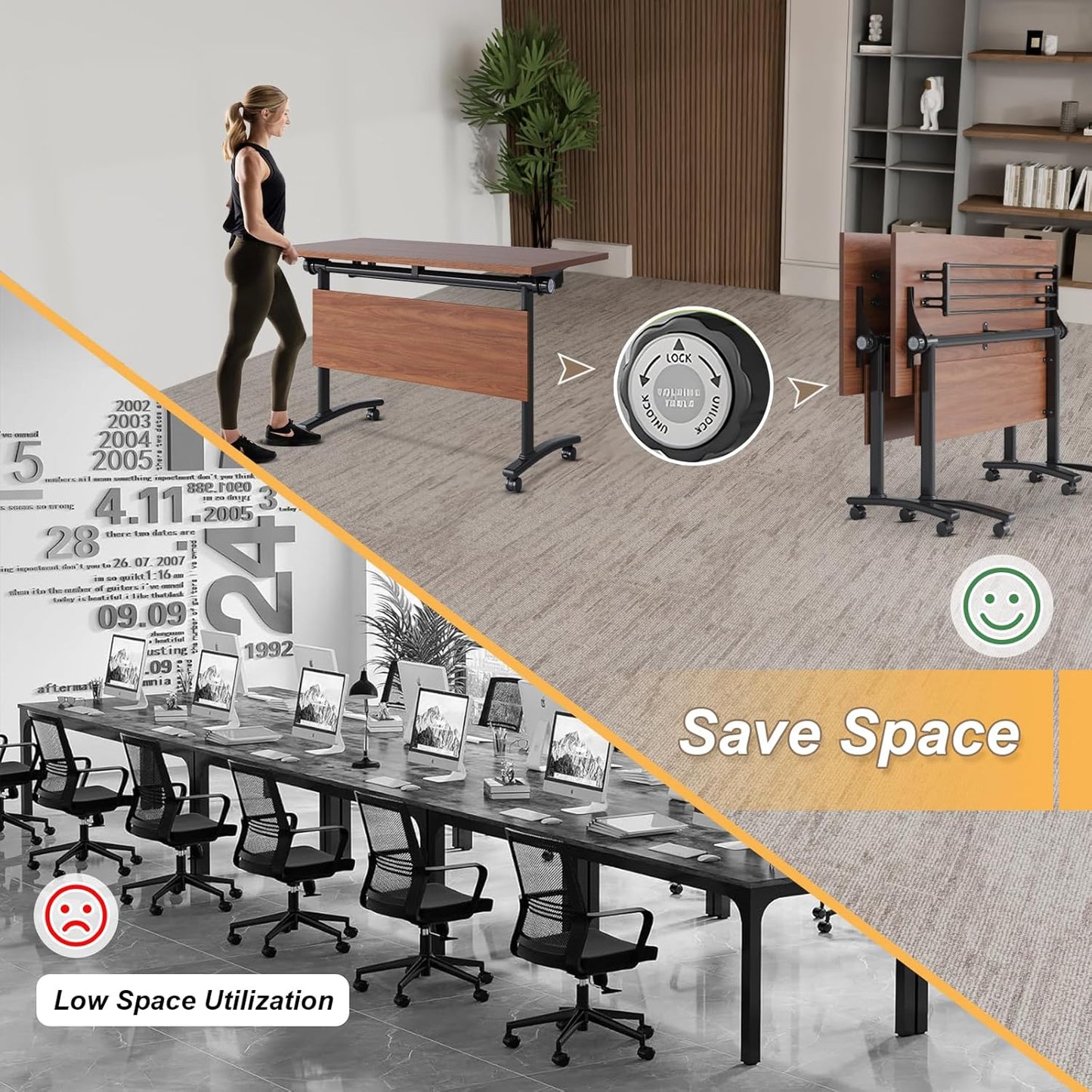 Conference Room Table with Silent Wheels, Mobile Folding Conference Table for 16 Person,Flip Top Office Training Tables with Walnuts Wood Tabletop, for School,Business Meeting Rooms (4 Pack 47in)