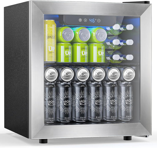 48 Can Beverage Refrigerator,12 Bottle Wine Cooler with Stainless Steel Glass Door, Digital Temperature Display, Countertop Mini Fridge for Soda, Wine or Beer, Silver