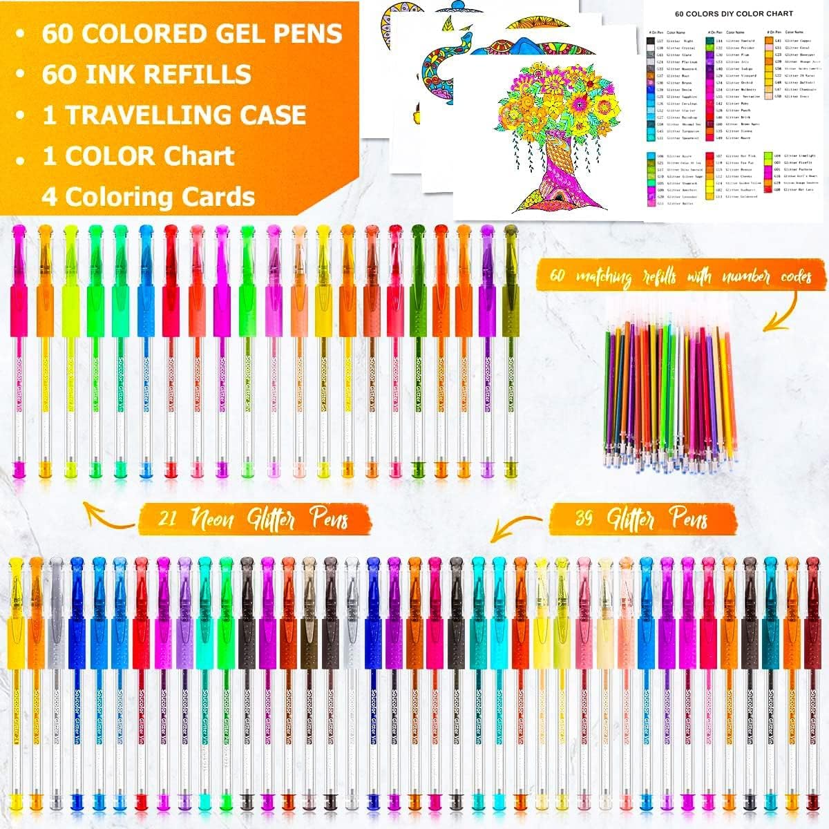 Soucolor Glitter Gel Pens for Adult Coloring Books, 120 Pack-60 Glitter Pens, 60 Refills and Travel Case, Nurse Aesthetic Cute Pens, School Office Home Supplies, Gifts for Women and Men