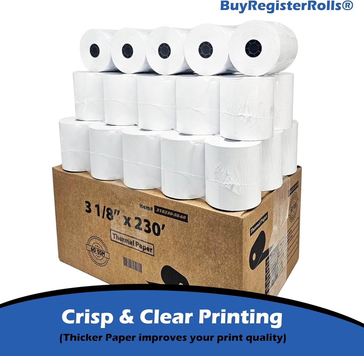 60 GSM Heavy Thermal Paper 3 1/8 x 230' thermal receipt paper (50 rolls - 60 GSM) Fits All POS Cash Registers Printers Clover Square Stations, Star Micronics SCP700, TSP100