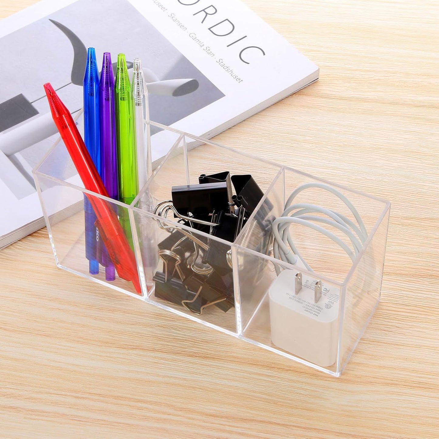 Clear Acrylic Silverware & Pen Organizer Caddy, Transparent Plastic Silverware Holder, Perfect for Office, Bedroom, and Bathroom Storage