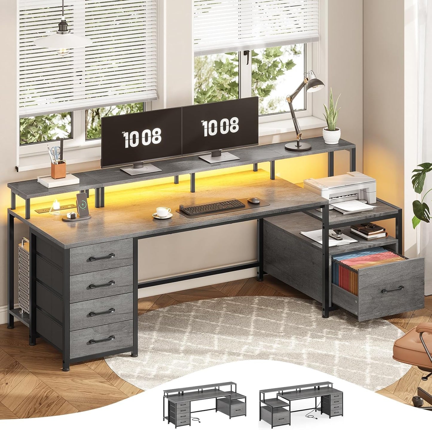 SEDETA 75'' Computer Desk with 5 Drawer, Power Outlet & Led Lights, Home Office Desk with File Drawer, Storage Shelves, Printer Cabinet and Monitor Shelf, 23.6" W Large Desktop Gaming Desk, Grey