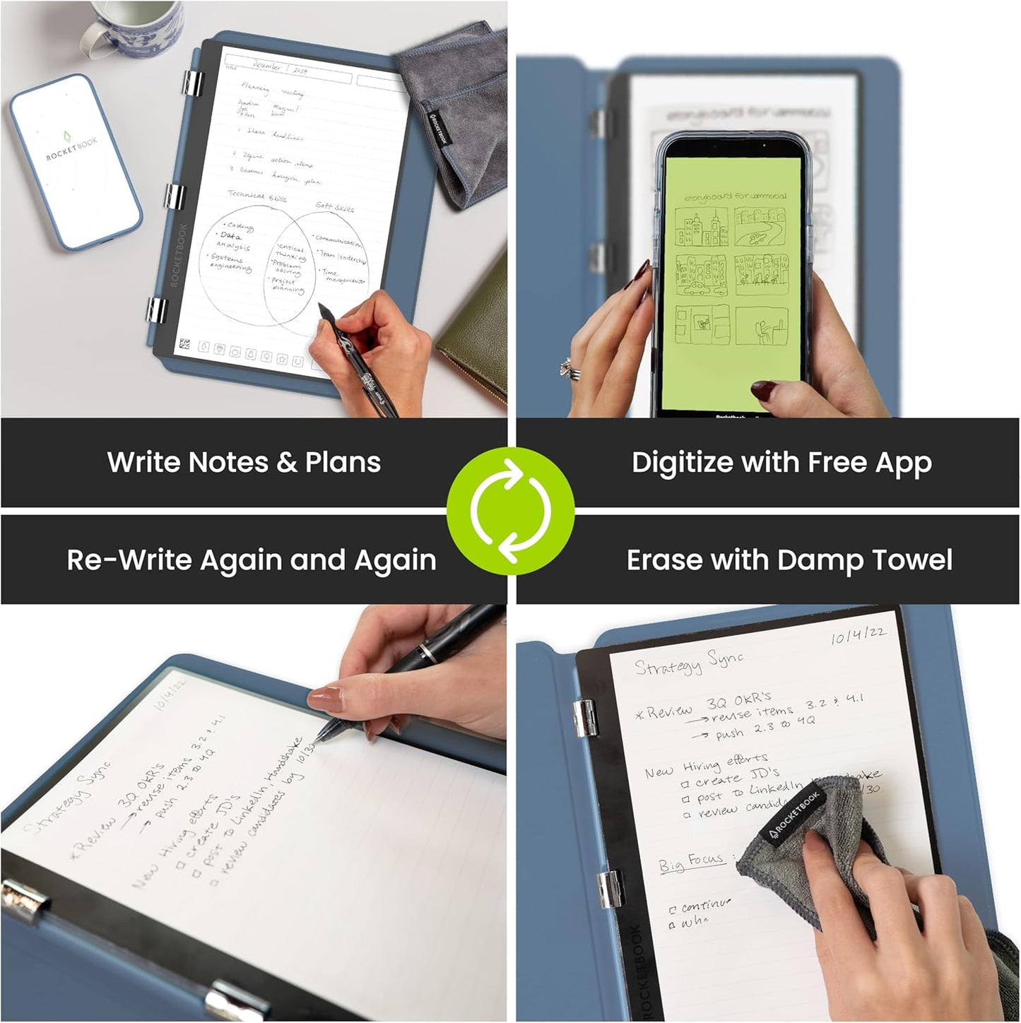 Rocketbook Pro 2.0 Reusable Professional Smart Notebook, Letter Size 8.5x11, Steel Blue - Lined & Dot Grid Pages, App-Connected, Erasable, Premium Cover, Ideal for Work Notes and Business Meetings