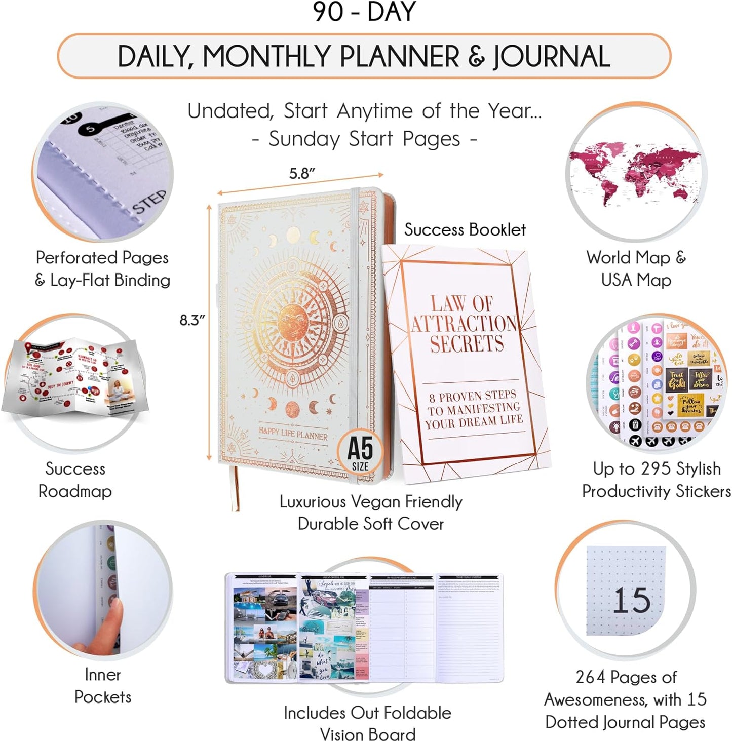 Guided Journal - Gratitude & Mental Health Journal for 5 Minute Daily | 90-Day Undated Planner for Positivity & Manifestation | Guided Mindfulness, Self Care & Reflection | Vision Board + Stickers