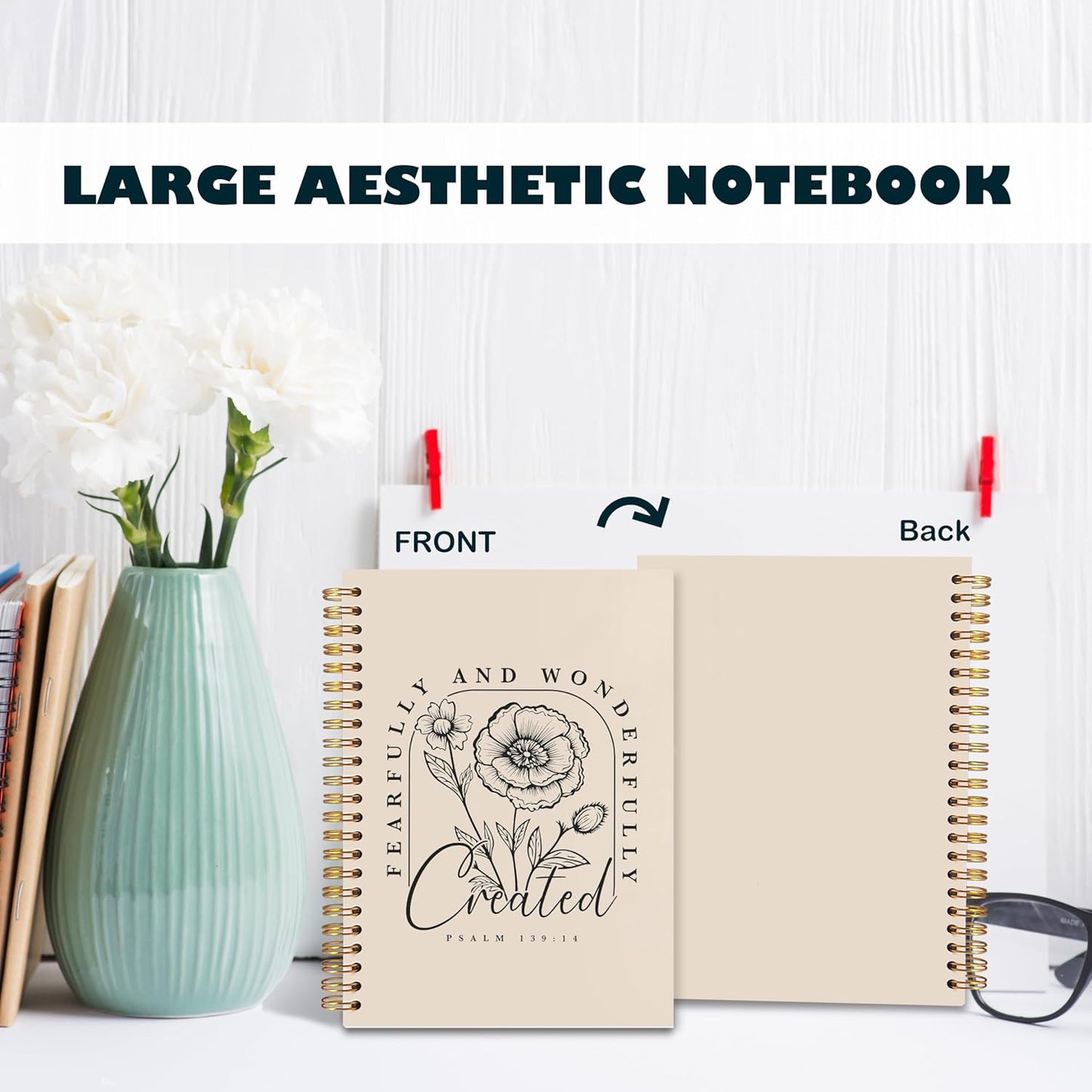 BearCake Floral Christian Notebook Journal, Christian Gifts for Women, Fearfully and Wonderfully Bible Journaling Prayer Journal for Women, Neutral Hardcover Spiral Notebook 5.5x8.3