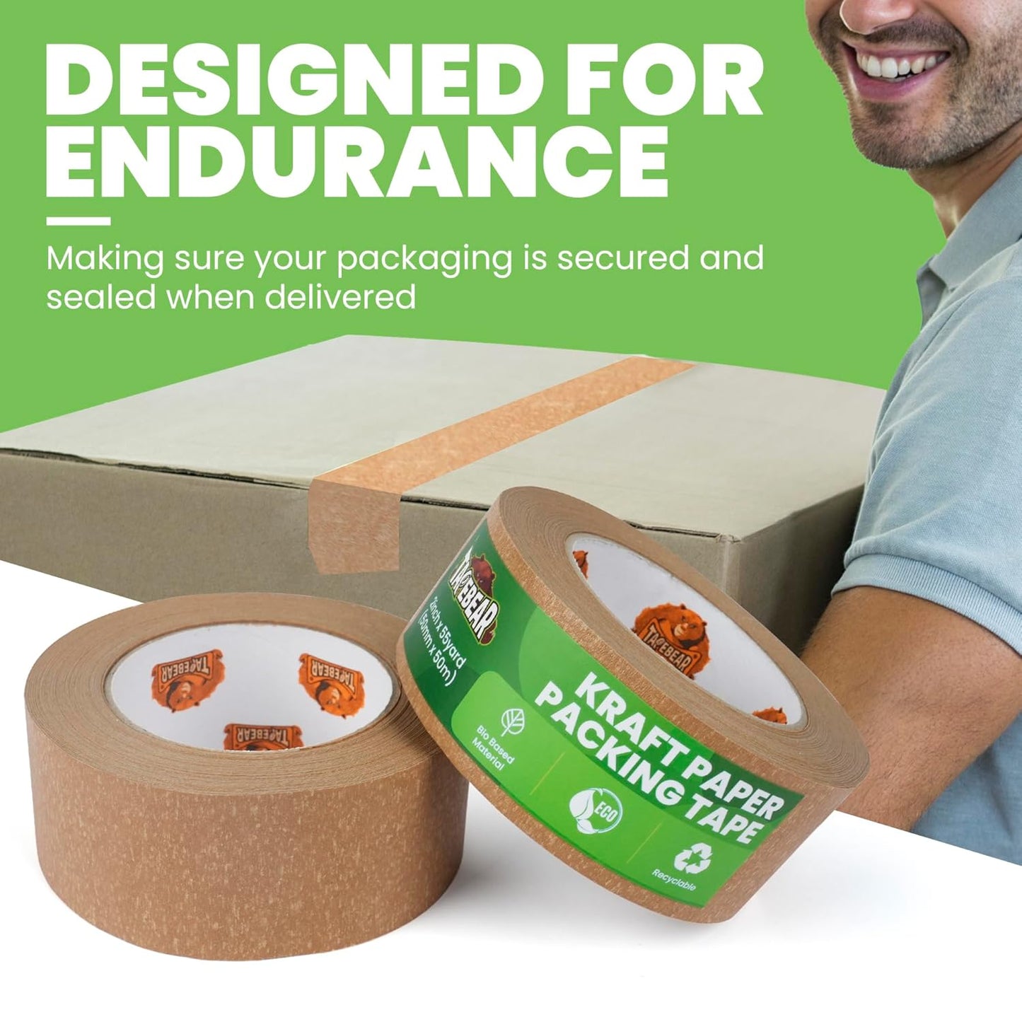 Eco-Friendly Kraft Paper Tape, Biodegradable Heavy Duty Packing Tape 2Inch x 55Yard, Recyclable Packaging Tape Self Adhesive Box Tape for Shipping, Sealing, Moving & Masking, 12Rolls