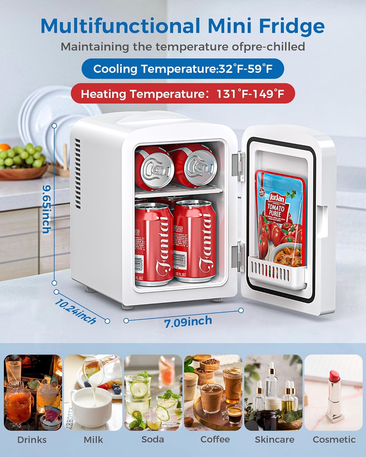 Mini Fridge, 4L/6 Cans Cooler & Warmer Portable Compact Refrigerator, Small Skincare Fridge for Makeup Food and Drinks, Small Cooler for Bedroom, Cosmetics, Car, Office, White