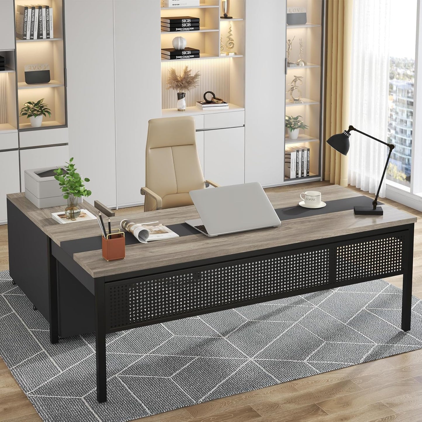 Tribesigns 70.8" Large Executive Office Desk and 47" Lateral File Cabinet Combo, L-Shaped Computer Desk Business Furniture with Drawers and Shelves, Home Office Workstation, Grey & Black