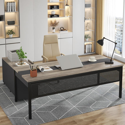 Tribesigns 70.8" Large Executive Office Desk and 47" Lateral File Cabinet Combo, L-Shaped Computer Desk Business Furniture with Drawers and Shelves, Home Office Workstation, Grey & Black