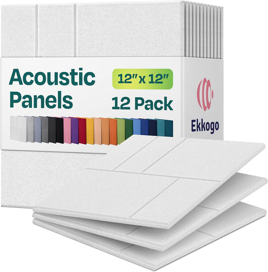 Acoustic Panels 12-Pack Soundproof Wall Panels 12"x12"x0.4" Decorative Sound Dampening for your Home, Office, Studio, Bedroom & More with Unique GridFrame Carving [White]