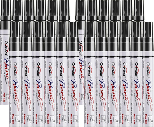 Overseas Black Paint Pens Permanent Markers 24 Pcs, Oil Based Paint Markers Set, Quick Drying, Waterproof, Medium Tip Marker Pens for Metal, Rock, Wood, Plastic, Canvas, Glass, Stone, Rubber, Paper