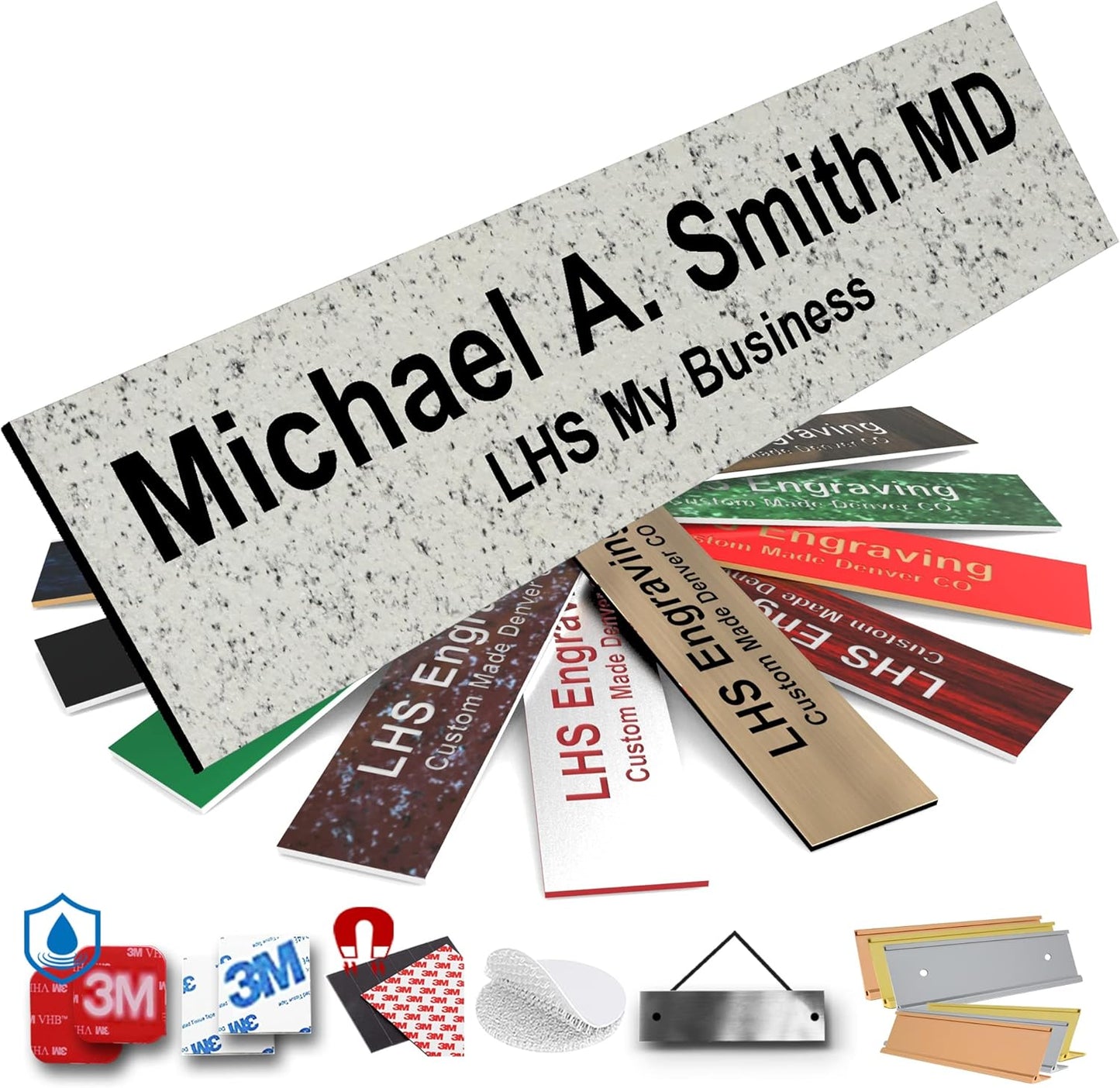 Door Name Plate Personalized for Office Stone Granite Plastic Name Plate Black Letters - Made in USA 2x10 S3