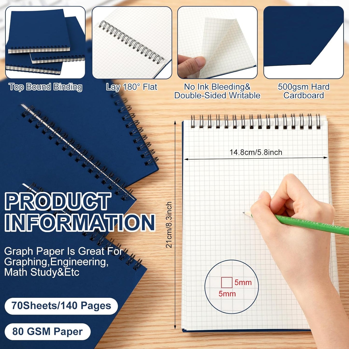 2 Pack Graph Paper Spiral Notepad A5 Top Wirebound Notepad Grid Notebook Steno Pads Memo Notebook Grid Paper 140 Pages for Writing Sketching Drawing Office Supplies (Blue)