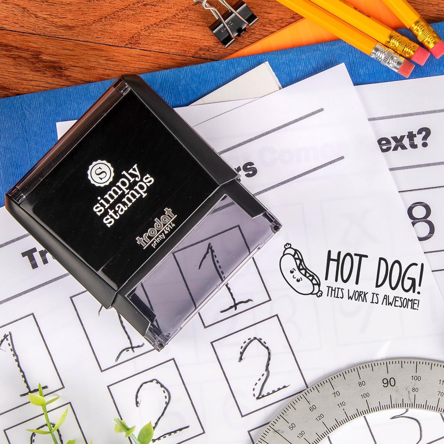Custom Self-Inking Teacher Stamps | 49 Designs | Fun Phrases | Grading Made Easy | Classroom and Library Book Stamps (Hot Dog!, Xtra Large)