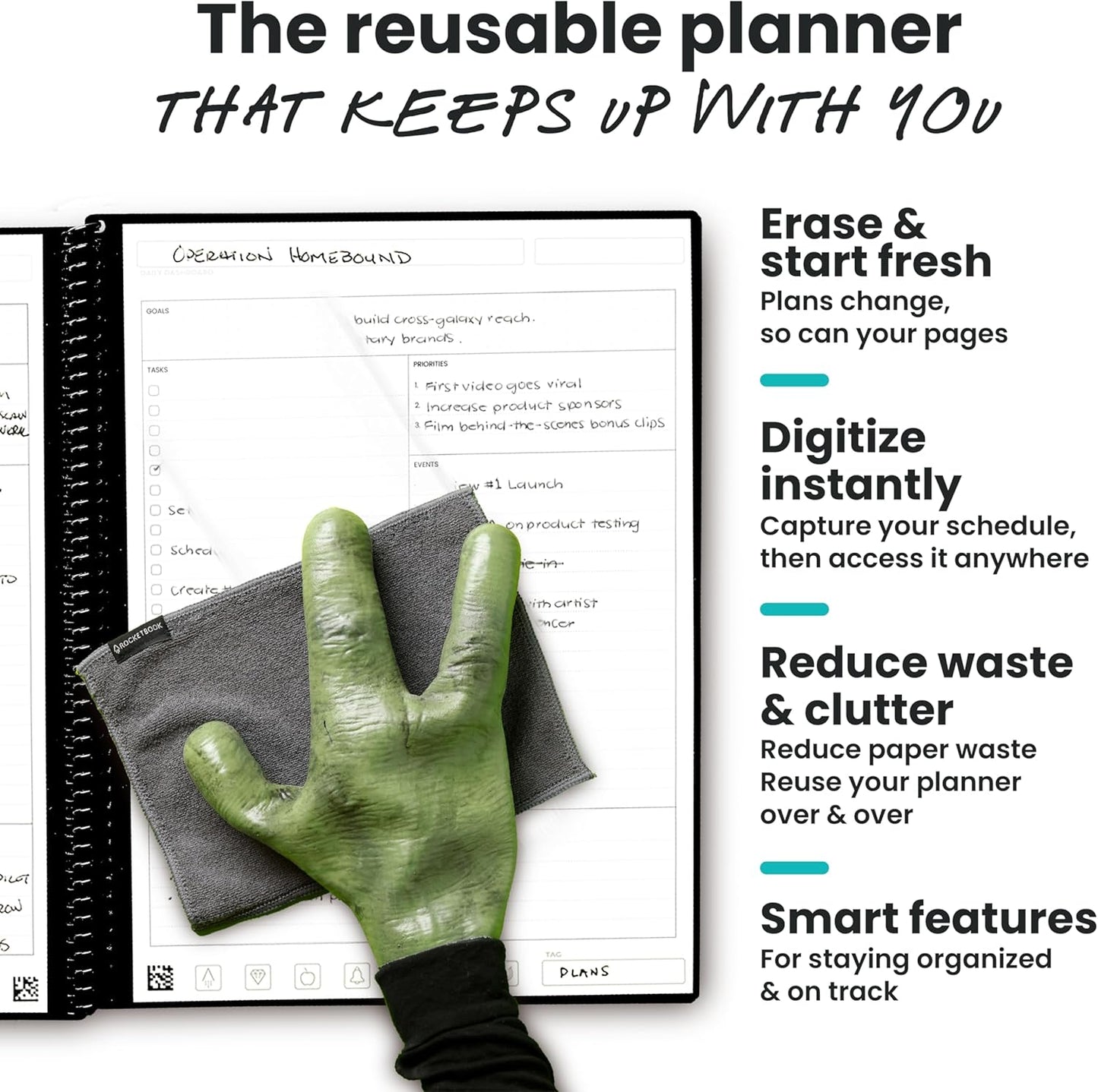 Rocketbook Flex Planner, Reusable Undated Smart, Executive Size 6x8.8 in Green – Daily, Weekly, Monthly, Annual Calendar, Tasks, Goals, Scheduling, Productivity, App Connected, Erasable, Durable Cover