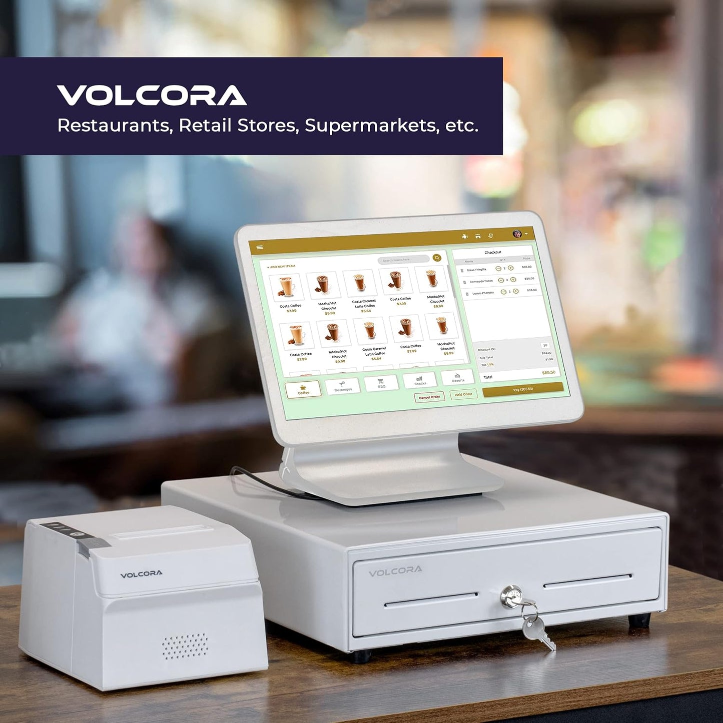 Volcora 13" Cash Register Drawer for Point of Sale (POS) System with 4 Bill 5 Coin Cash Tray, Removable Coin Compartment, 24V, RJ11/RJ12 Key-Lock, Media Slot, White - for Stores, Shops and Businesses