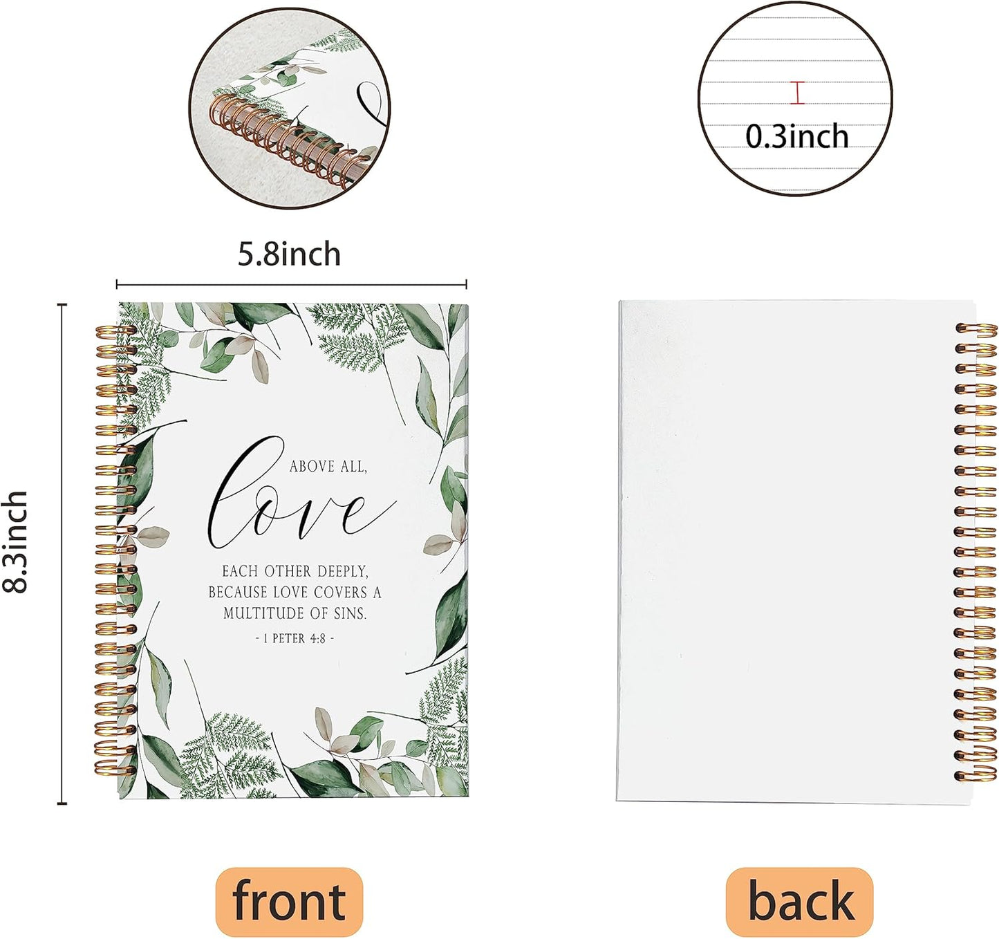 VNWEK Bible Scripture 1 Peter 4:8 Above All Love Each Other Deeply Greenery Spiral Notebook Journal 5.5 x 8.3 inches,Christian Lined Hardcover Spiral Notebook,Christian Gifts for Women Men Faith Teens