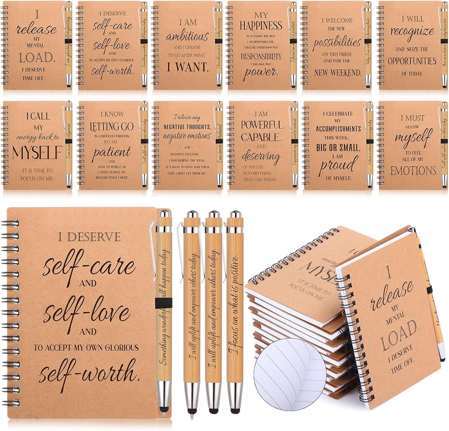 Pasimy 48 Pcs/24 Set Bulk Positive Affirmation Spiral Notebooks with Bamboo Pen Daily Affirmation Gift Set Motivational Encouragement Notepad Small Journals 5.5 x 3.9 inch for Women Self Care
