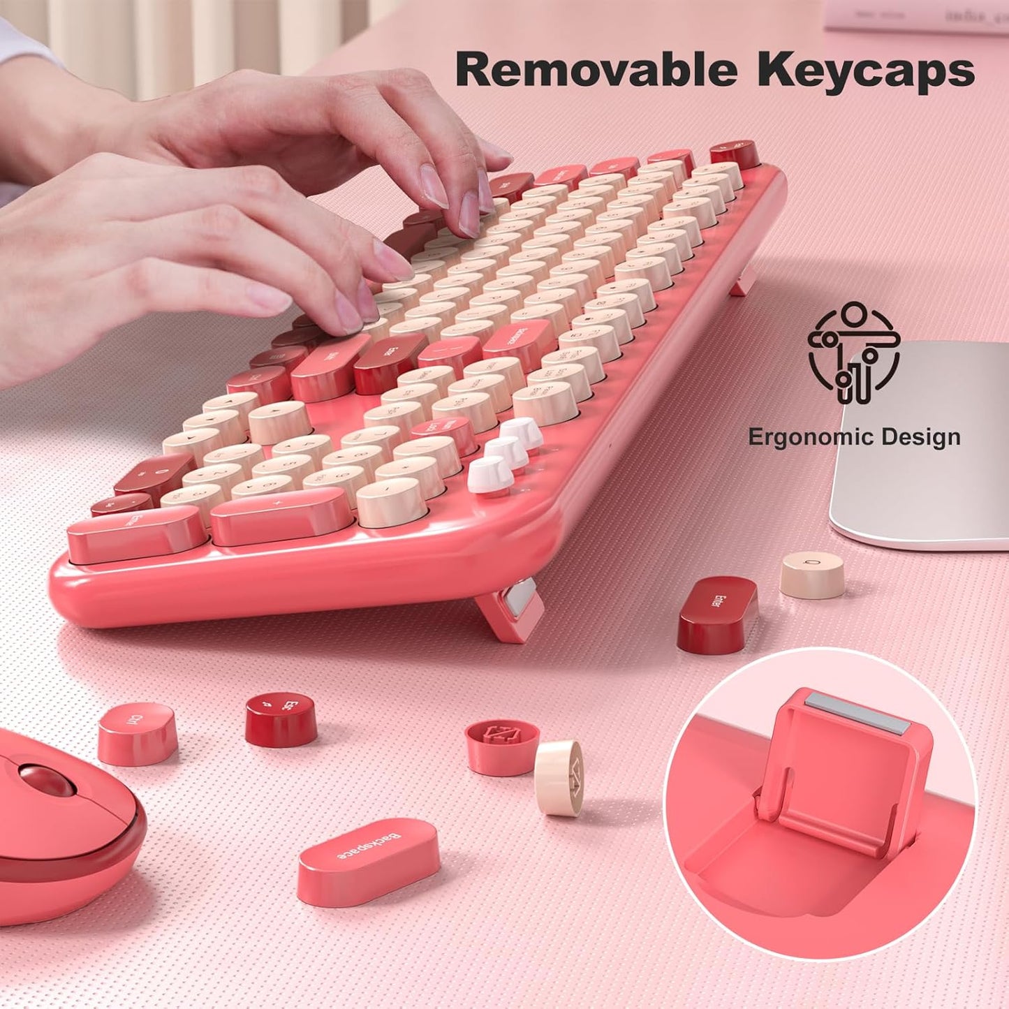 MOFII Wireless Keyboard and Mouse, Retro Typewriter Keyboard and Silent Mouse, 2.4GHz Full Size Keyboard and Mouse Wireless Combo for Laptop, PC, Desktop, Windows (Hot Pink)