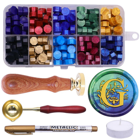 SWANGSA Initial Alphabet G Wax Seal Stamp Kit, Classic Retro Letter Sealing Stamp with 200pcs Sealing Wax Beads Kit for Wedding Invitations Cards Envelopes (G)