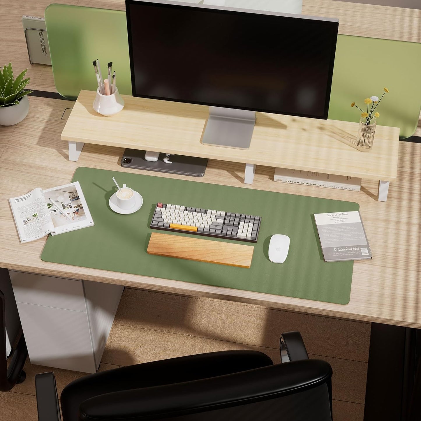 Aothia Dual-Sided Desk Mat - Natural Cork & Leather Desk Protector, Large Mouse Pad & Writing Pad for Office/Home, Olive Green (25.6"x13.7")