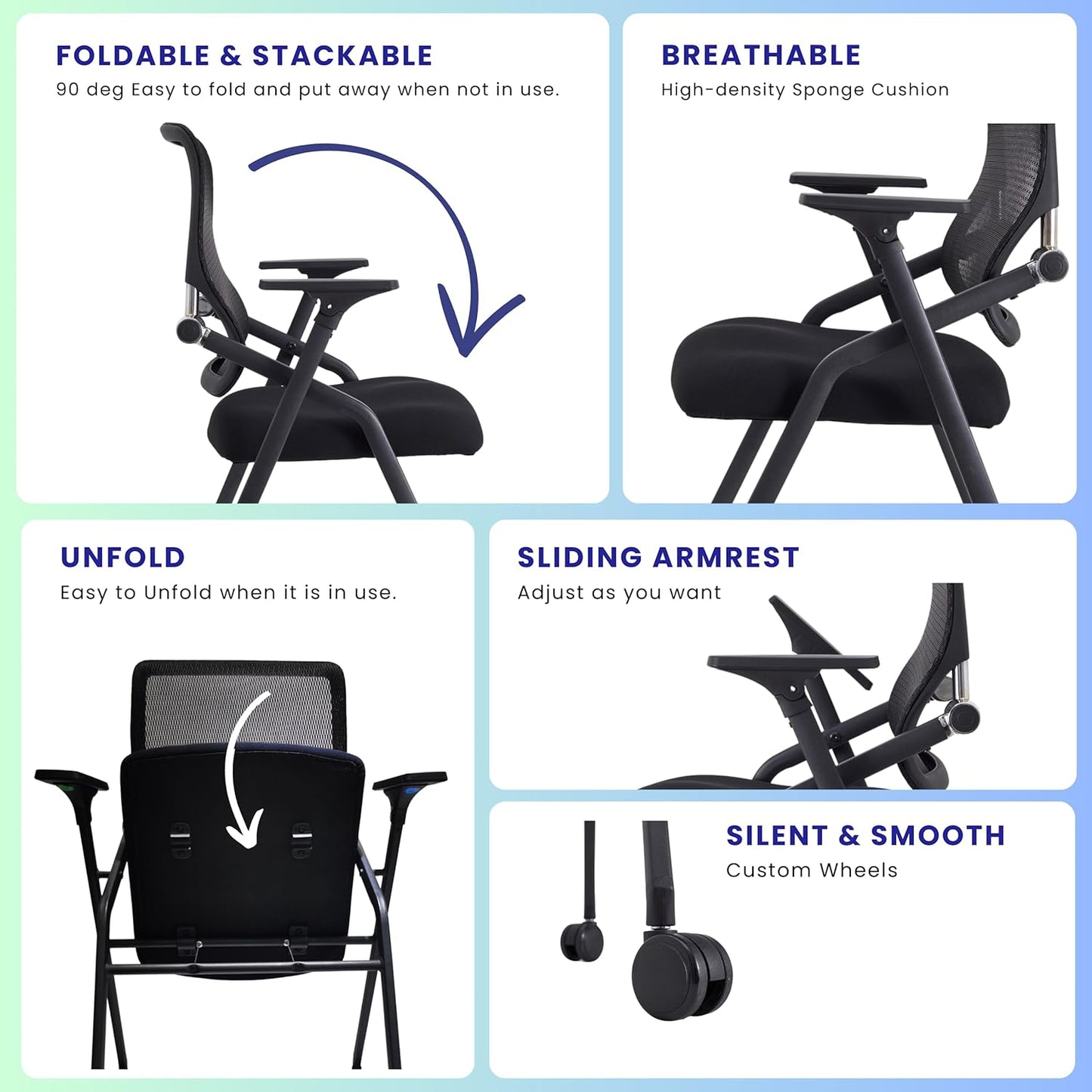 PRO, Stackable & Foldable Conference Room Chairs with 2X Thick Cushion, Lumbar Support, Armrest - Mesh Bouncing Back for Office Meeting, Conference, Training Room Chair 1 Pack