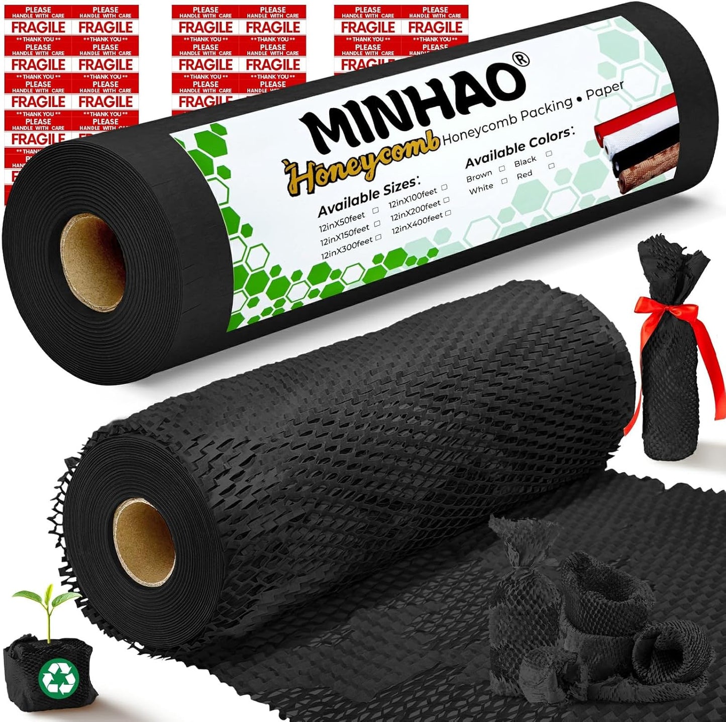 Honeycomb Packing Paper, 12"x300' Black | Perforated Honeycomb Packing Paper Recyclable Moving Supplies for Shipping & Moving | Plastic-Free Alternative to Bubble Cushion Wrap with 36 Fragile Stickers