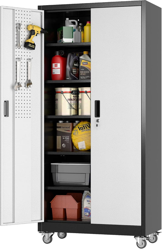 Aobabo Garage Storage Cabinet with Wheels, Metal Storage Cabinet with 5 Adjustable Shelves for Garage Home, Black&Silver,71" H*34''W*18''D,Required-Assembly,