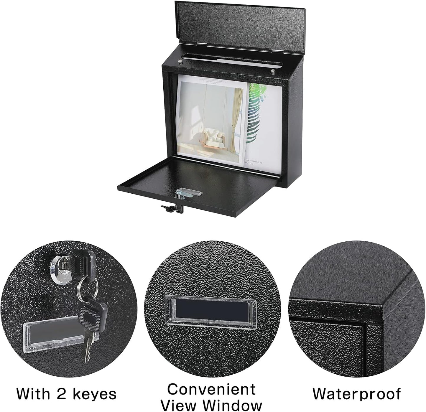xydled Mail Boxes with Key Lock,Locking Mailbox Wall Mounted,Security Mailbox with Lock and Key,Large Capacity,Steel Cover Metal Postbox for House,14.2X 4X 12.6 Inch, Black
