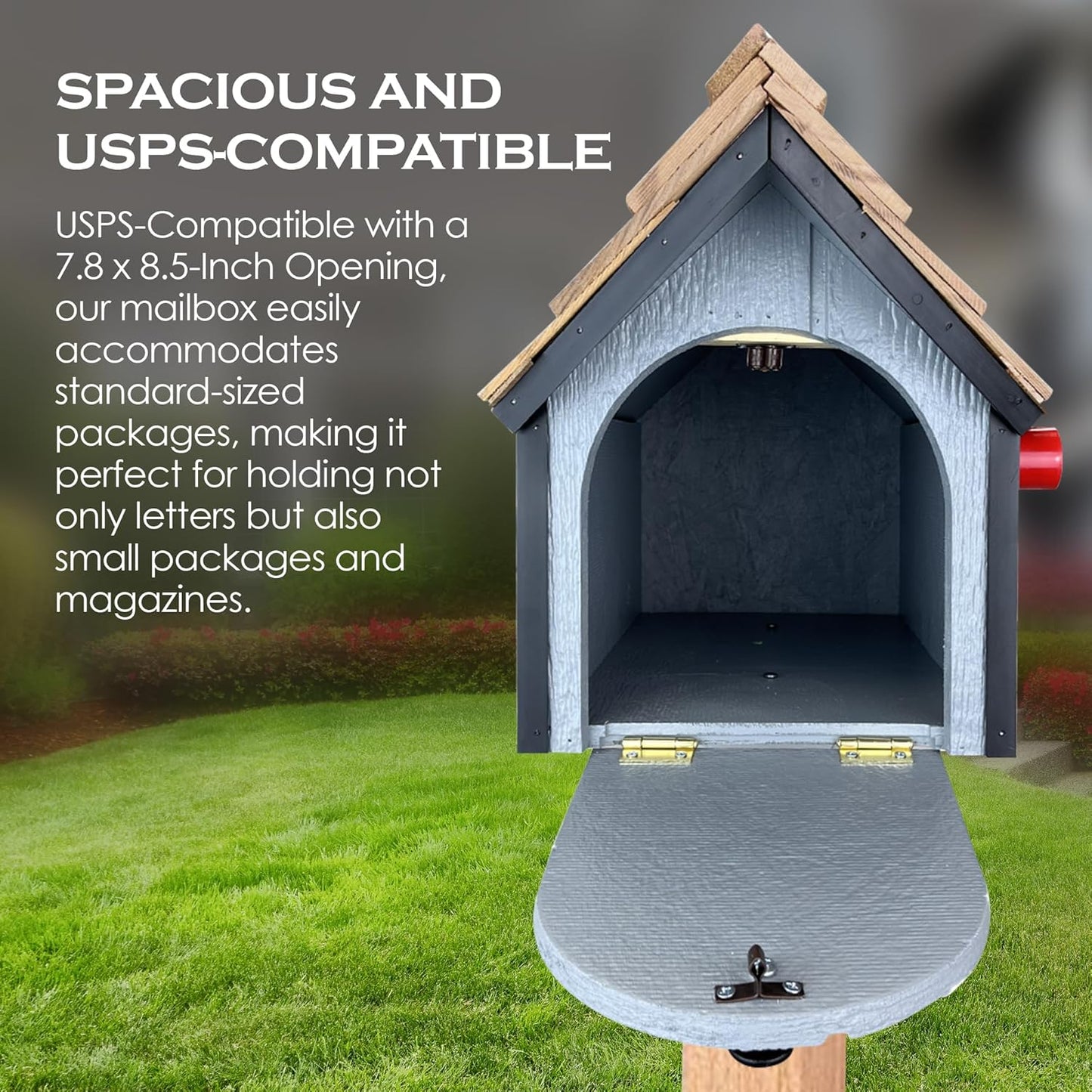 Peaceful Classics Amish Cedar Roof Wooden Mailbox with Window & Door Trim, Handcrafted Mailboxes for Outside, Post Mount Residential Mailboxes - (Gray with Black Trim)