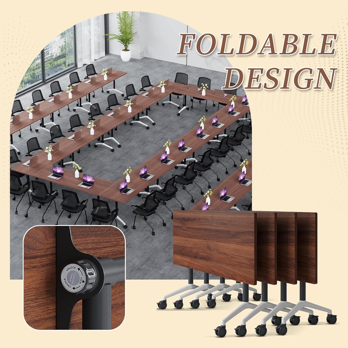 Folding Conference Room Table, Modern Conference Tables with Wheels, Large Rectangular Mobile Training Tables for Office Classroom, Foldable Modular Boardroom Seminar Table (2pack L55.1in)