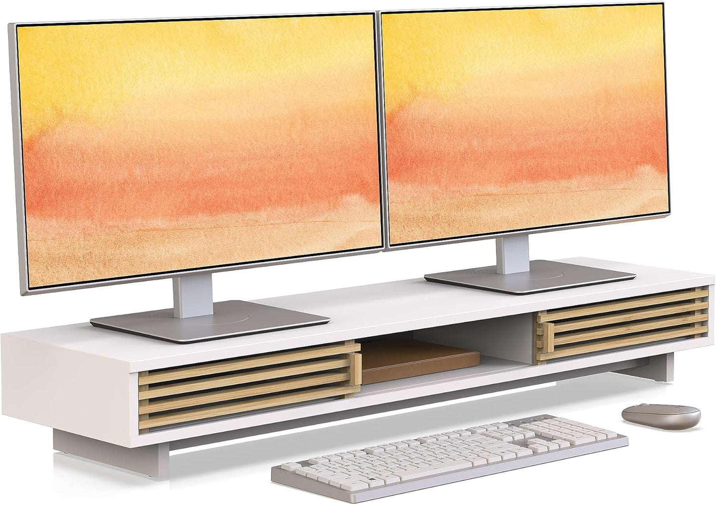 Dual Monitor Stand Riser with Sliding Door, Double Computer Laptop Stand Desk Shelf Organizer with Storage (White + Natural Bamboo, 38 Inch)