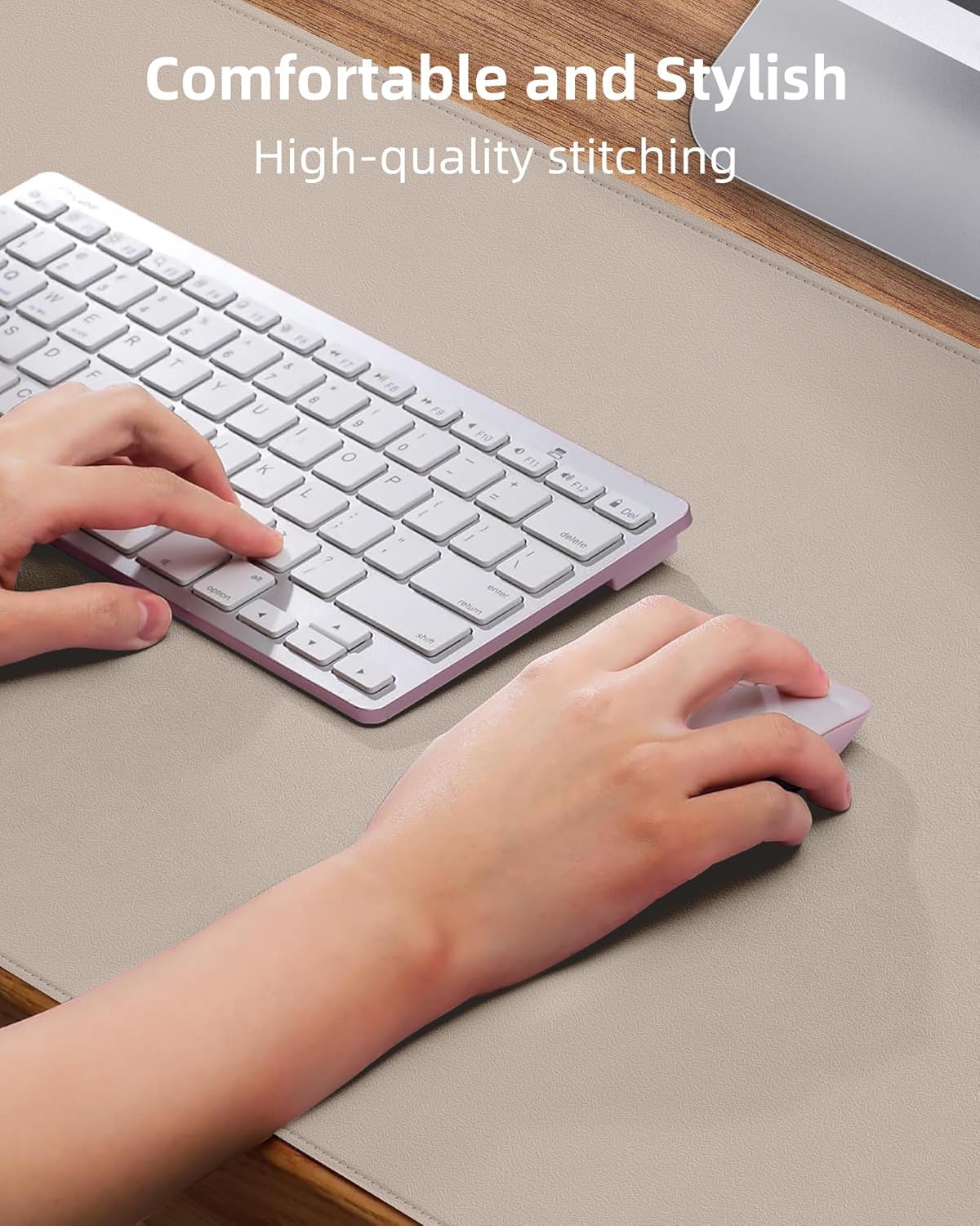 Leather Desk Pad Protector Large Mouse Pad, Stitched Locking Edge Laptop Computer Desk Mat Blotter, Non-Slip Waterproof Durable Writing Pad for Office and Home (Beige, 80 x 40cm)