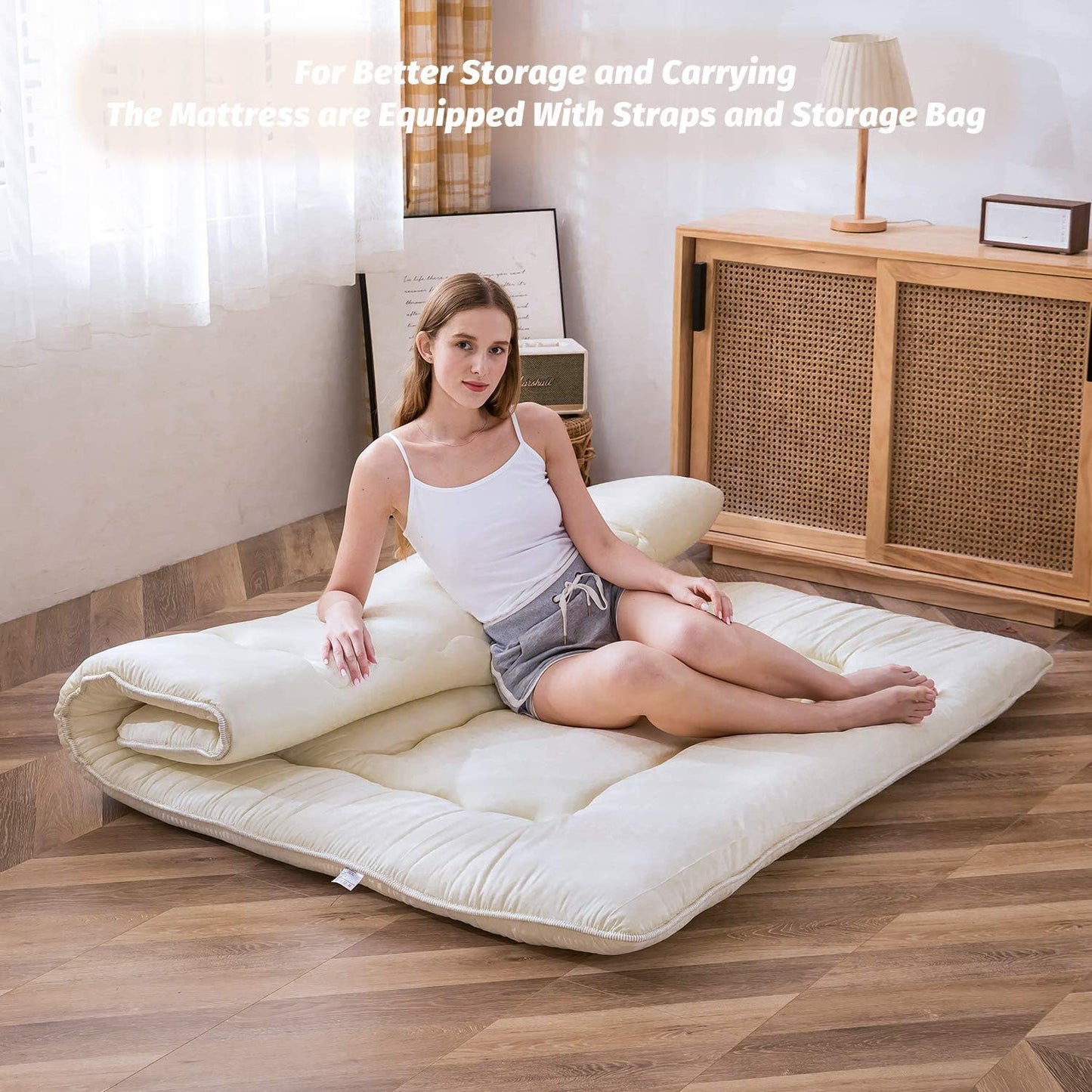 MAXYOYO Japanese Floor Futon Queen Size, Thicken Tatami Mat Sleeping Pad Foldable Roll Up Mattress Trifold Pad Guest Bed, Off White