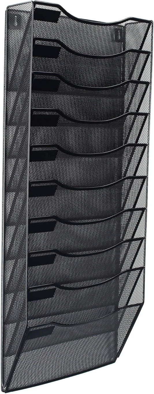 10 Sections Hanging Files Wall Mounted Metal Mesh Document File Organizer Magazine Holder Rack Organizer Racks Multipurpose Use To Display Files, Magazine, Newspapers- Black