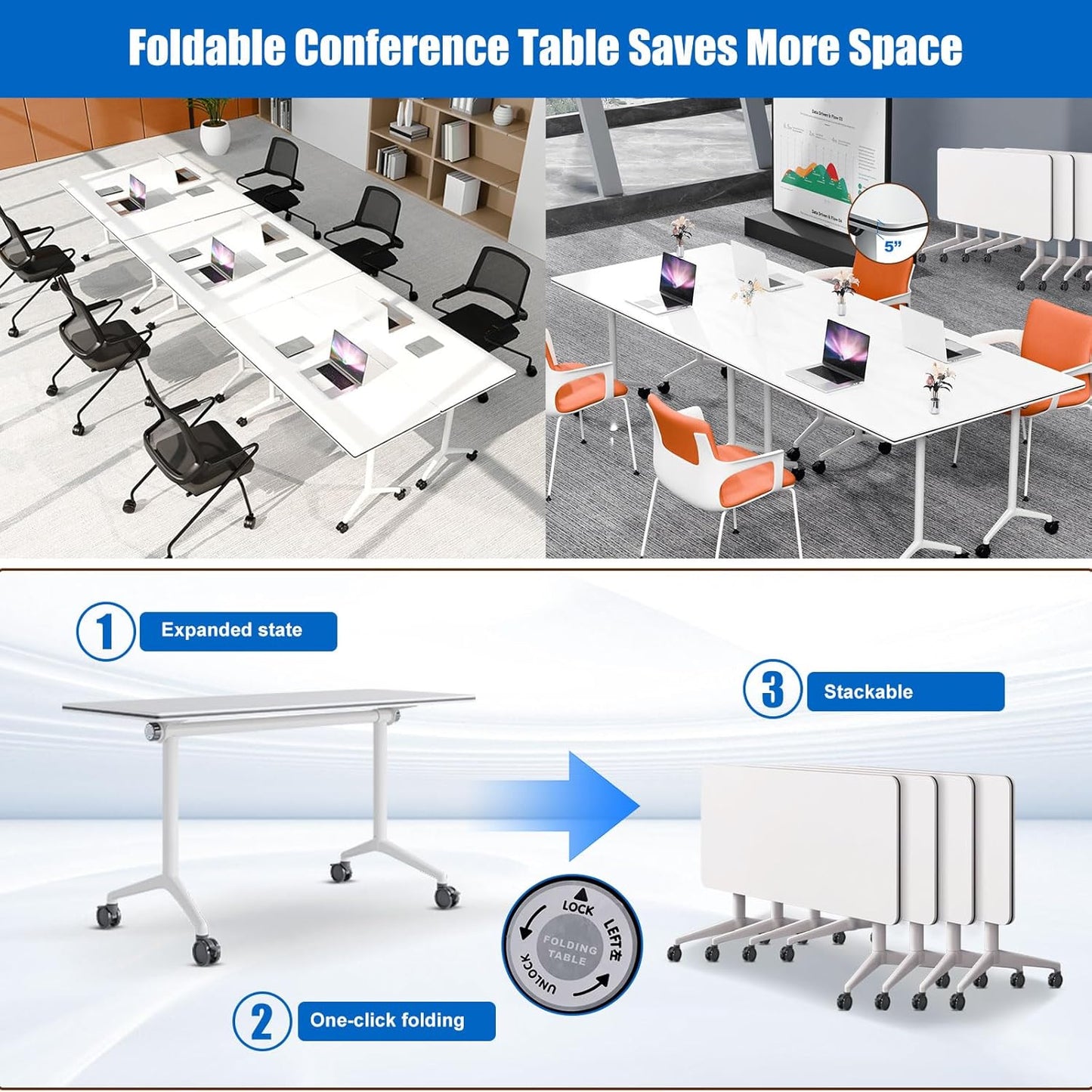 Conference Table, Folding Conference Desk Modern White, Seminar Table with Wheels, 2-10 People for Office, Meeting Break Room (2, 1915, 71IN)