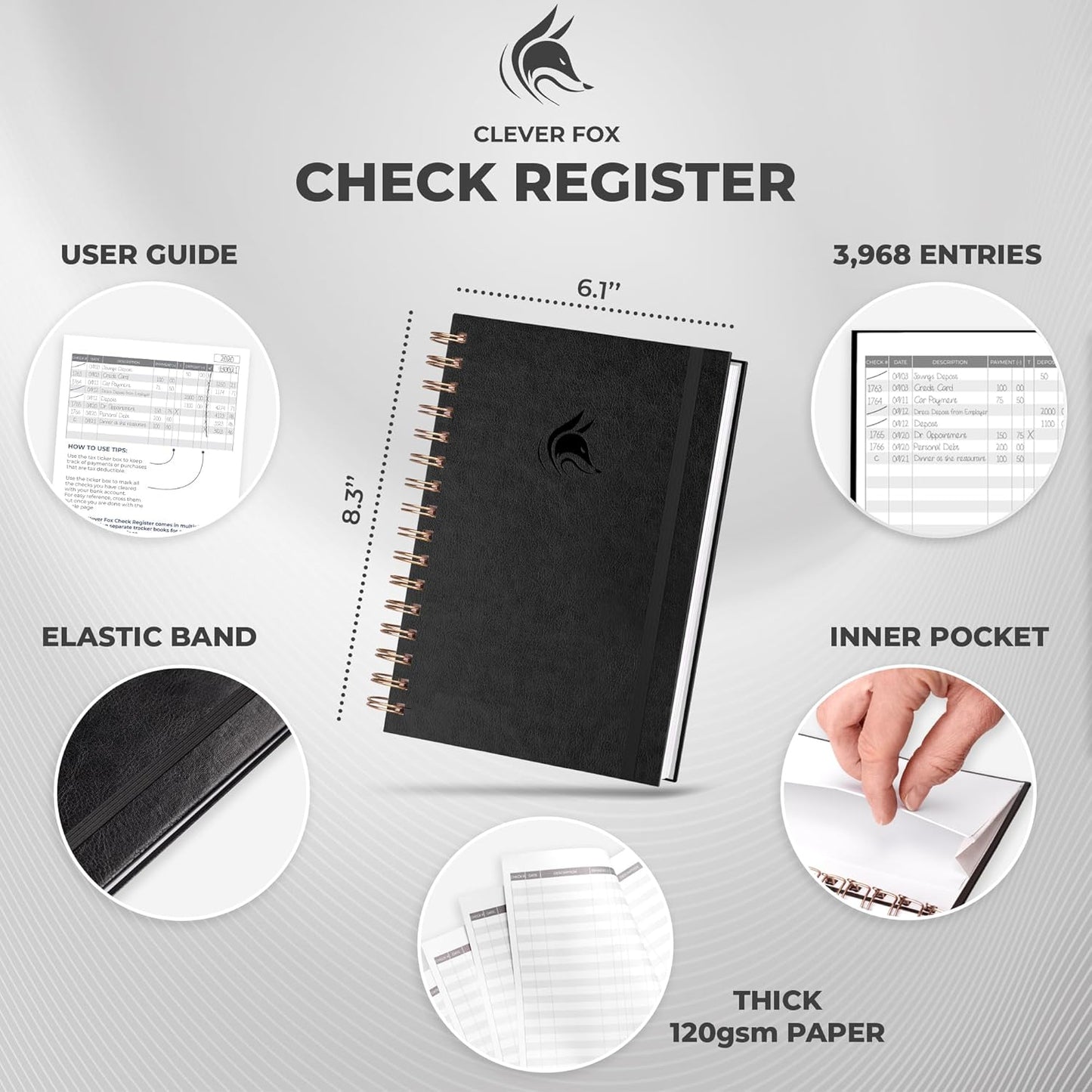 Clever Fox Check Register for Personal Checkbook – Checking Book Register – Checkbook Register – Accounting Ledger Book – 3968 Entry Lines, 6.1" x 8.3", Spiral Binding, Hardcover, Black